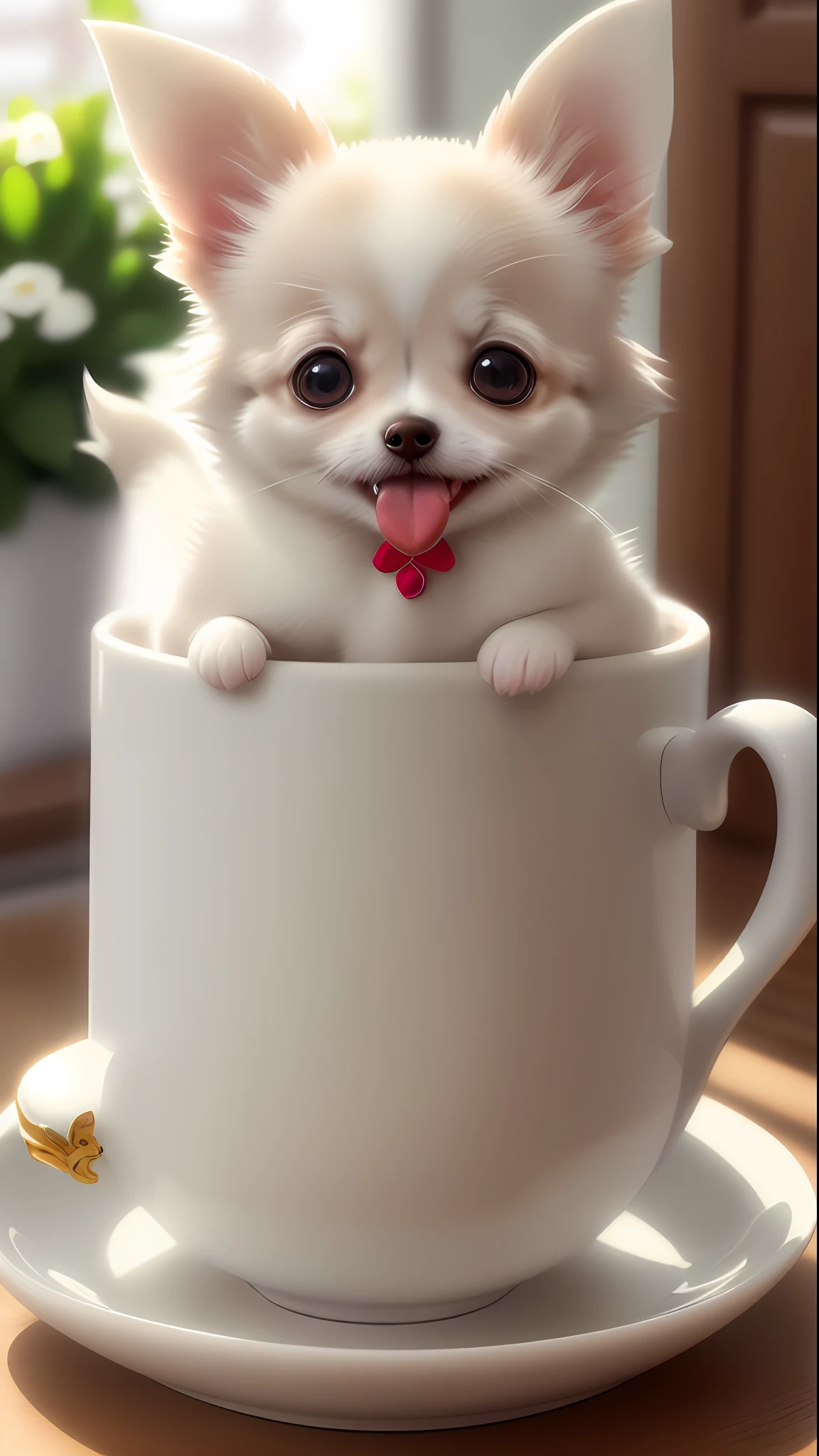 Long coat Chihuahua of white-cream color, (small)))), in a teacup, face out, tongue-sticking out front paws sticking out of teacup, 8k, professional photo, delicate, clear, on the table, in the house, sunshine, light leak, masterpiece, ((((pretty)))
