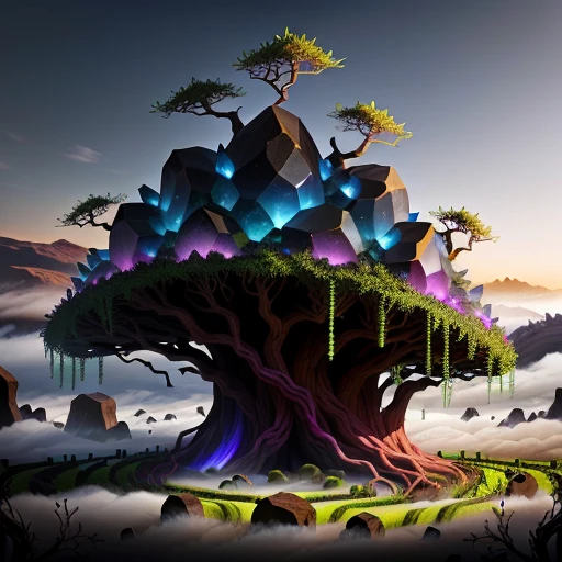 anthill with ombre gems and black vines with fog realistic