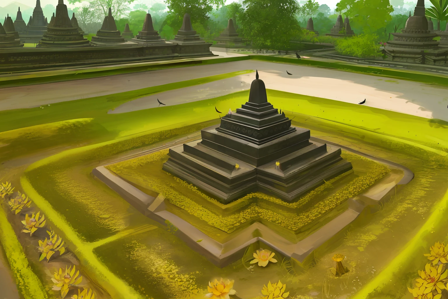 BOROBUDUR is indonesian temple as anthills with some flower and leaves ,fire ants walk arround them,variaton,upscale,imagine