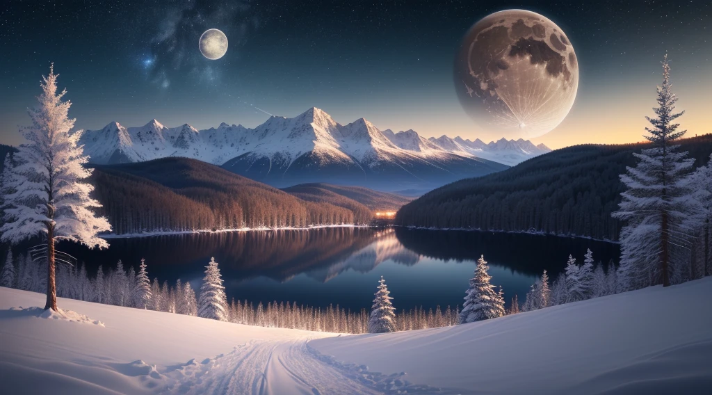panorama,landscape,(((high quality))),highly_detailed,extremely_detailed_CG_unity_8k_wallpaper,illustration,highres,absurdres,High saturation,antlers, bare_tree, branch, cherry_blossoms, fantasy, fence, forest, in_tree, lake, landscape, letterboxed, moon, mountain, mountainous_horizon, nature, night, night_sky, no_humans, outdoors, pine_tree, scenery, shooting_star, sky, snow, star_\(sky\), starry_sky, sunset, torn_clothes, tree, wintern