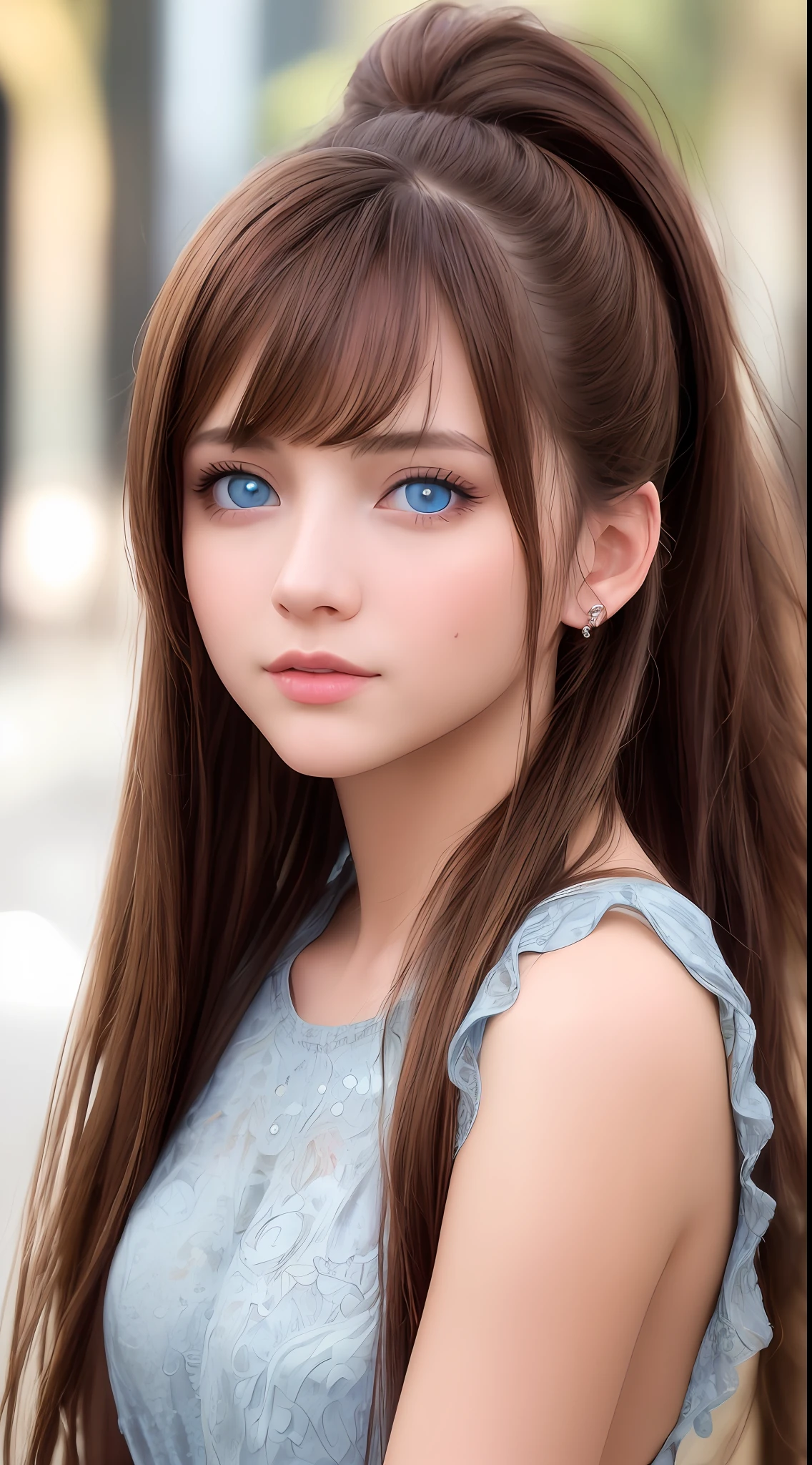 best quality, masterpiece, 1girl, Beautiful face, (blue eyes), (brown hair), (photo realistic:1.3), rim lighting, (high detailed skin:1.2), 8k uhd, dslr, high quality, high resolution, 4k, 8k, Bokeh,  absurdres, ponytail, best ratio four finger and one thumb, (realistic:1.2), ulzzang, cute kawaii 1girl,