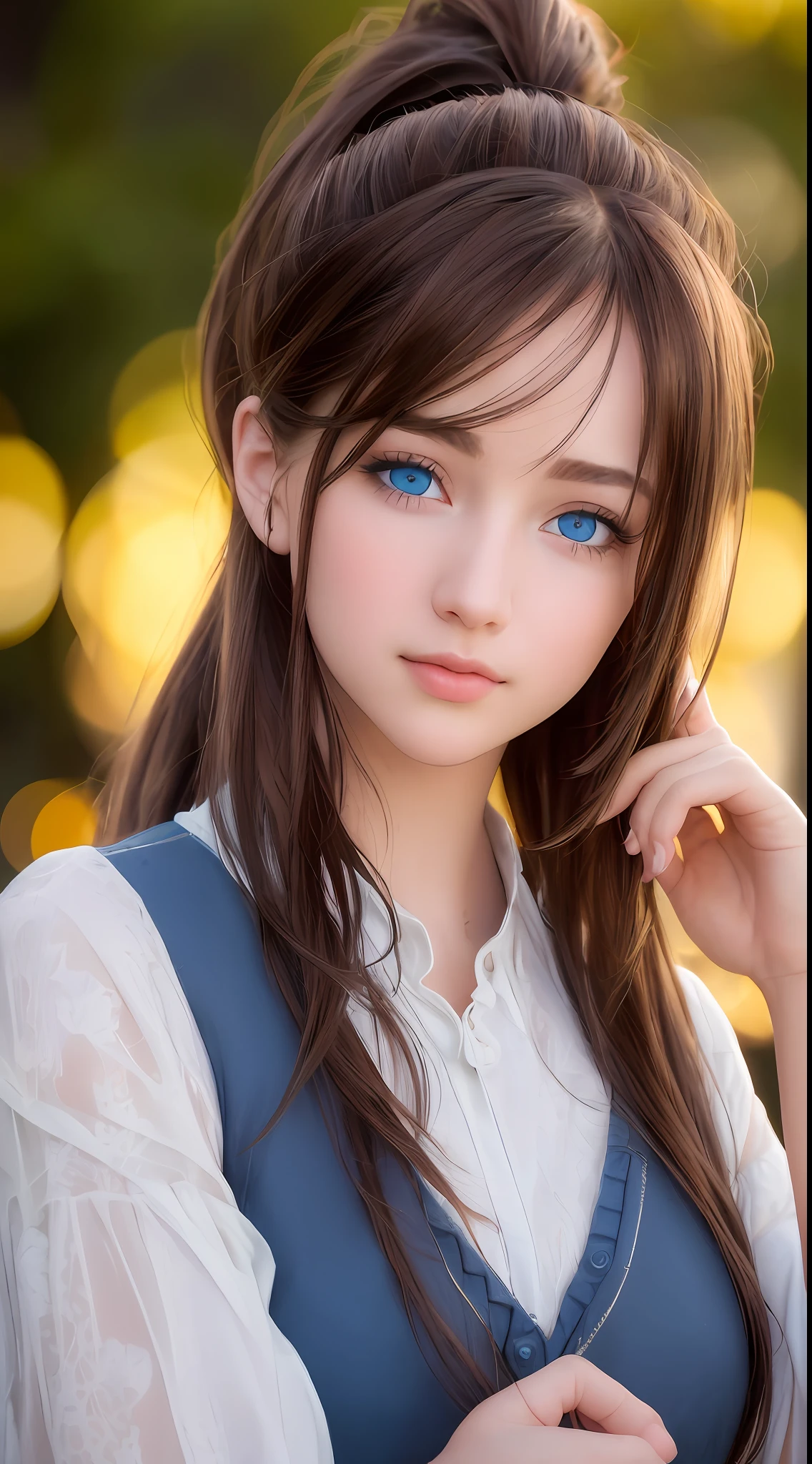 best quality, masterpiece, 1girl, Beautiful face, (blue eyes), (brown hair), (photo realistic:1.3), rim lighting, (high detailed skin:1.2), 8k uhd, dslr, high quality, high resolution, 4k, 8k, Bokeh, absurdres, ponytail, best ratio four finger and one thumb, (realistic:1.2), ulzzang, cute kawaii 1girl,