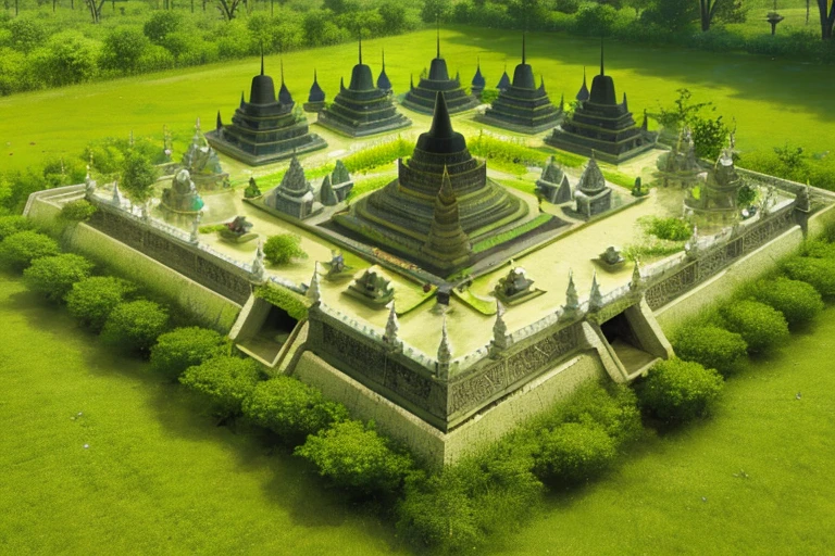 BOROBUDUR is indonesian temple as anthills with some flower and leaves ,fire ants walk arround them,variaton,upscale,imagine