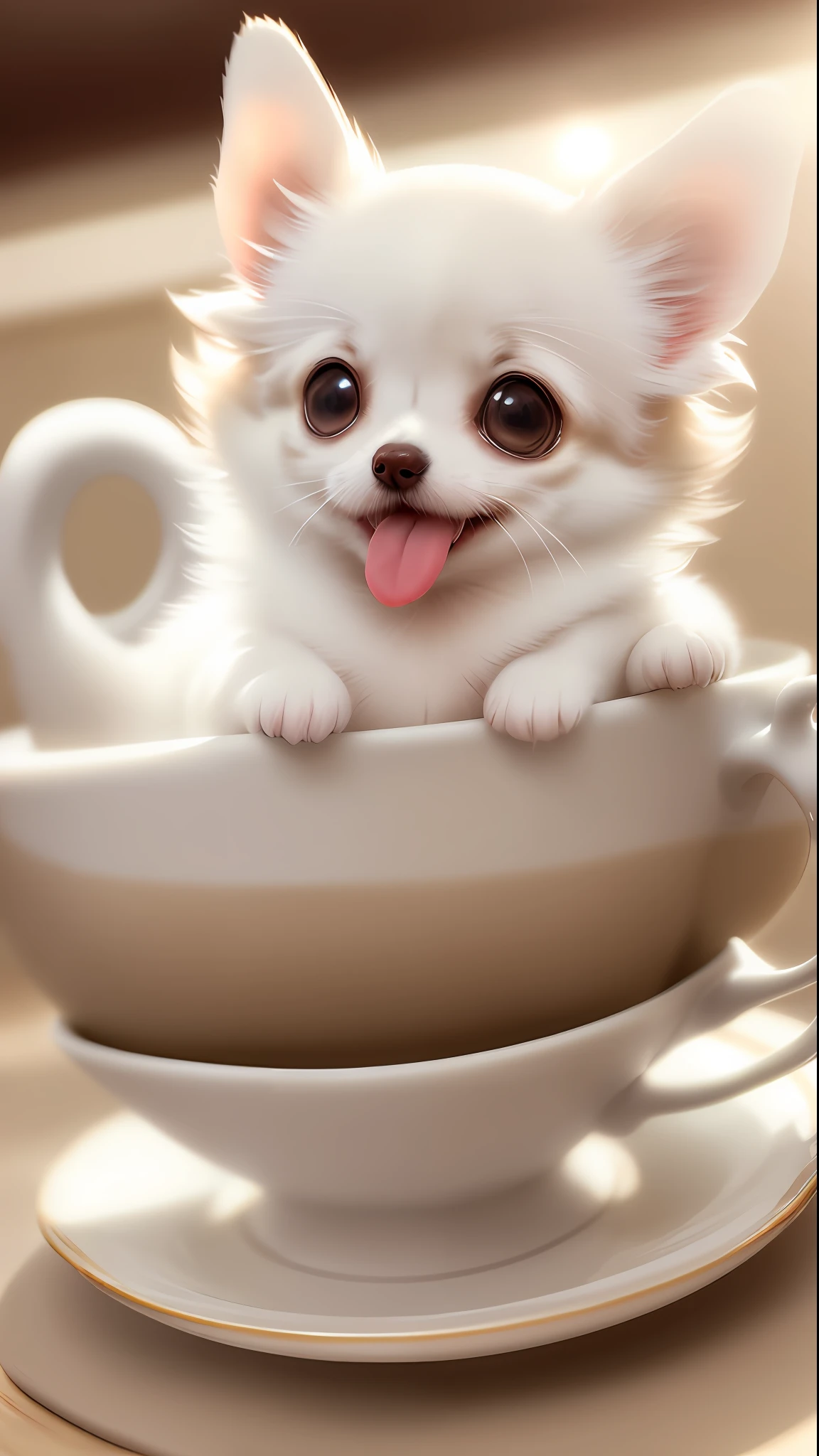 Long coat Chihuahua of white-cream color, (small)))), in teacup, face, tongue sticking out, front paws sticking out of teacup, 8k, professional photo, delicate, clear, on table, in the house, sunshine, light leak, masterpiece, (((((pretty)))), fashionable teacup