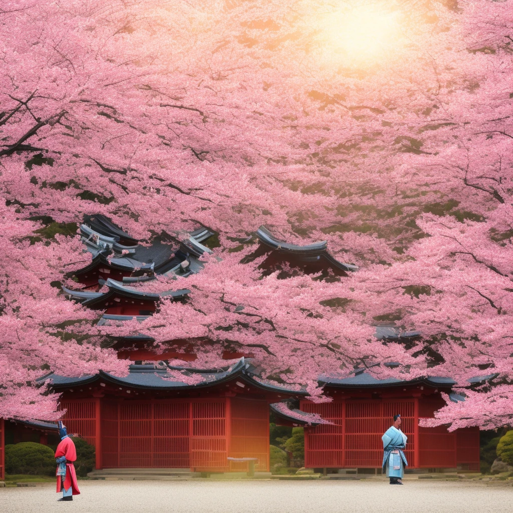 Japanese samurai standing in front of a Tori gate, cherry blossom trees, particles, sunny, artistic, abstract, Japan, midjourneyart, surrealism, masterpiece, detailed, digital art, artstation, vibrant,