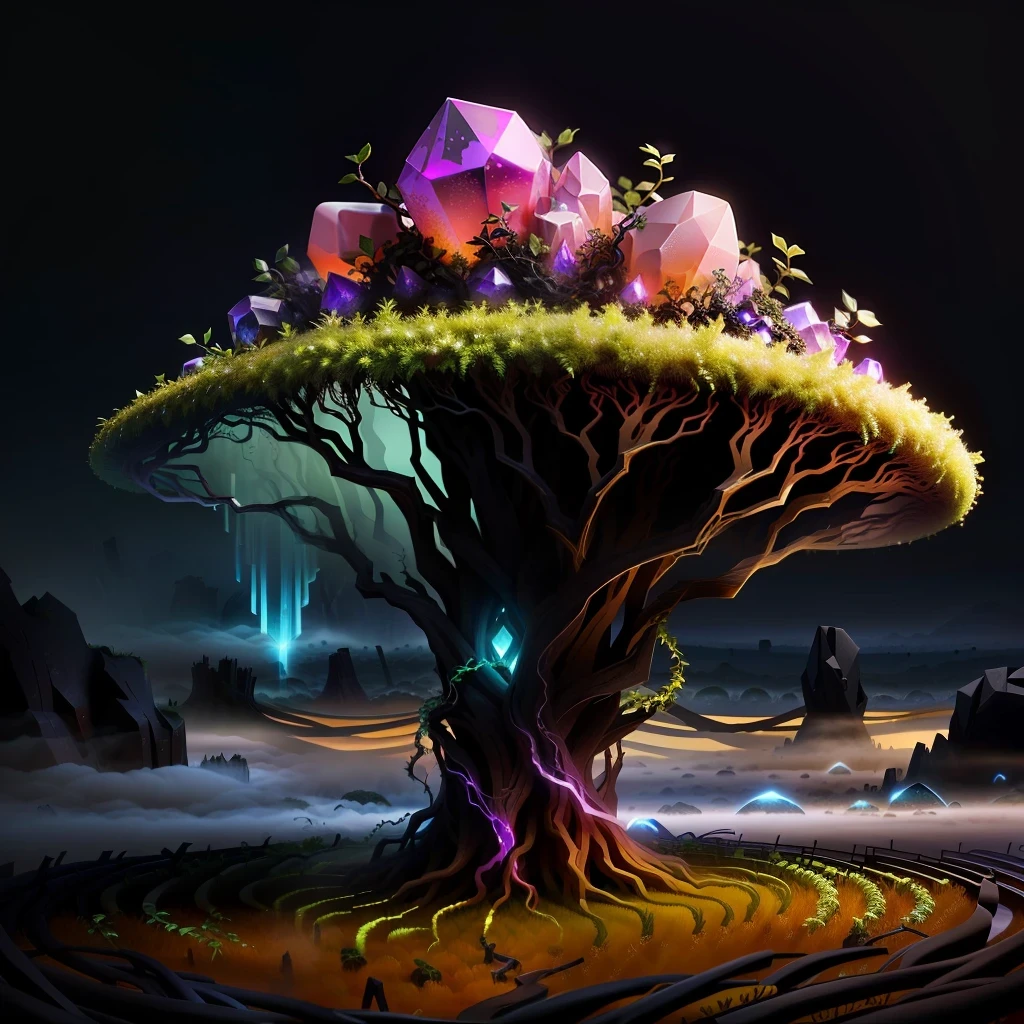 anthill with ombre gems and black vines with fog realistic