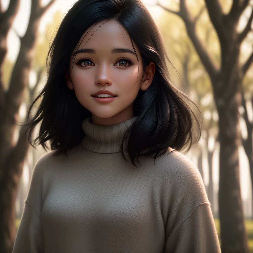 wearing (sweater), portrait, beautiful face, beautiful eyes, outside, portrait, park, trees, teeth, open eyes, wing winning photo, best quality, upper body, hannahowo, black hair blown by the wind, by lee jeffries nikon d850 film stock photography 4 kodak 400 camera f1.6 lens rich colors hyper realistic texture natural lighting unreal engine trend in artstation cinestill 800, (100mm lens)