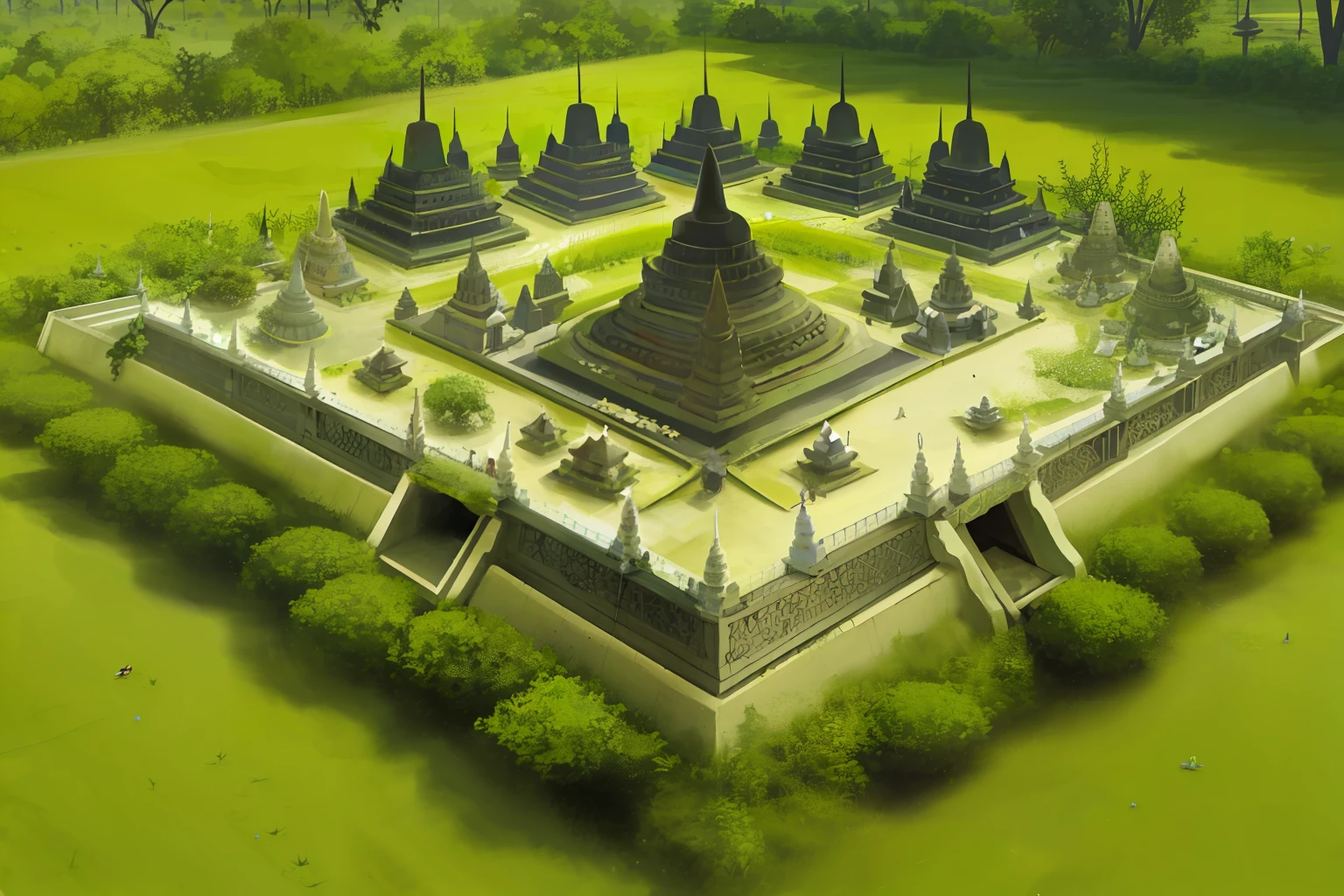 BOROBUDUR is indonesian temple as anthills with some flower and leaves ,fire ants walk arround them,variaton,upscale,imagine