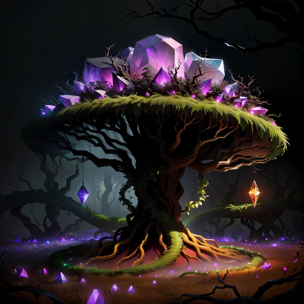 anthill with ombre gems and black vines with fog realistic