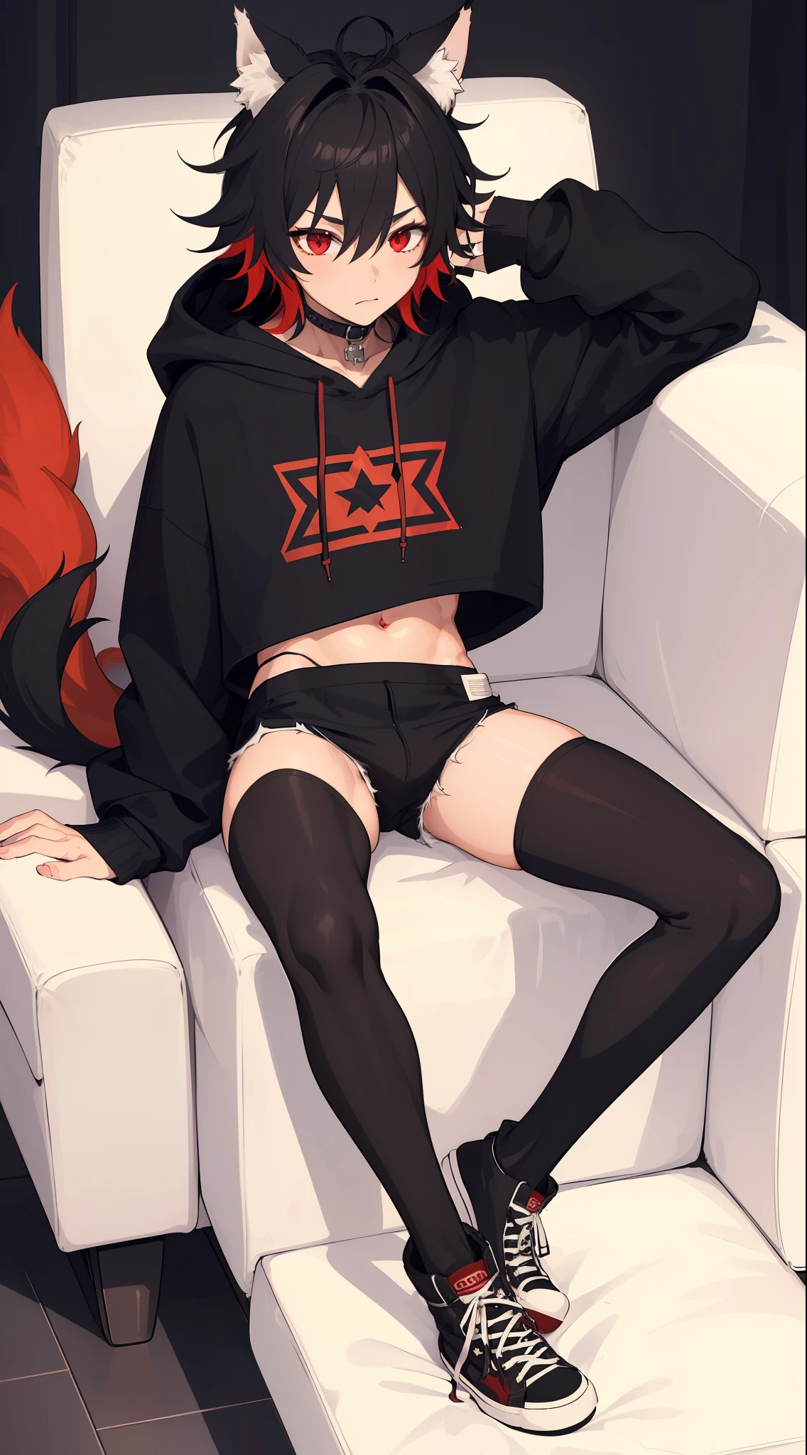 1boy, toned, sharp big wolf ears, wolf tail, big black messy hair, wide extremely vibrant red eyes, HD, masterpiece, vibrant, black converse shoes, slim dark crop top hoodie, full body view, black thigh socks, sitting on couch