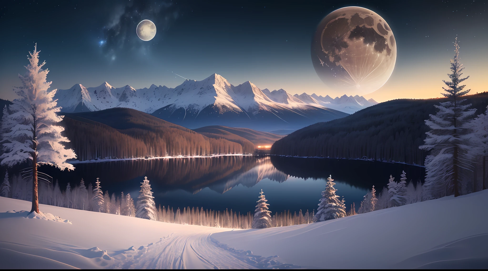 panorama,landscape,(((high quality))),highly_detailed,extremely_detailed_CG_unity_8k_wallpaper,illustration,highres,absurdres,High saturation,antlers, bare_tree, branch, cherry_blossoms, fantasy, fence, forest, in_tree, lake, landscape, letterboxed, moon, mountain, mountainous_horizon, nature, night, night_sky, no_humans, outdoors, pine_tree, scenery, shooting_star, sky, snow, star_\(sky\), starry_sky, sunset, torn_clothes, tree, wintern