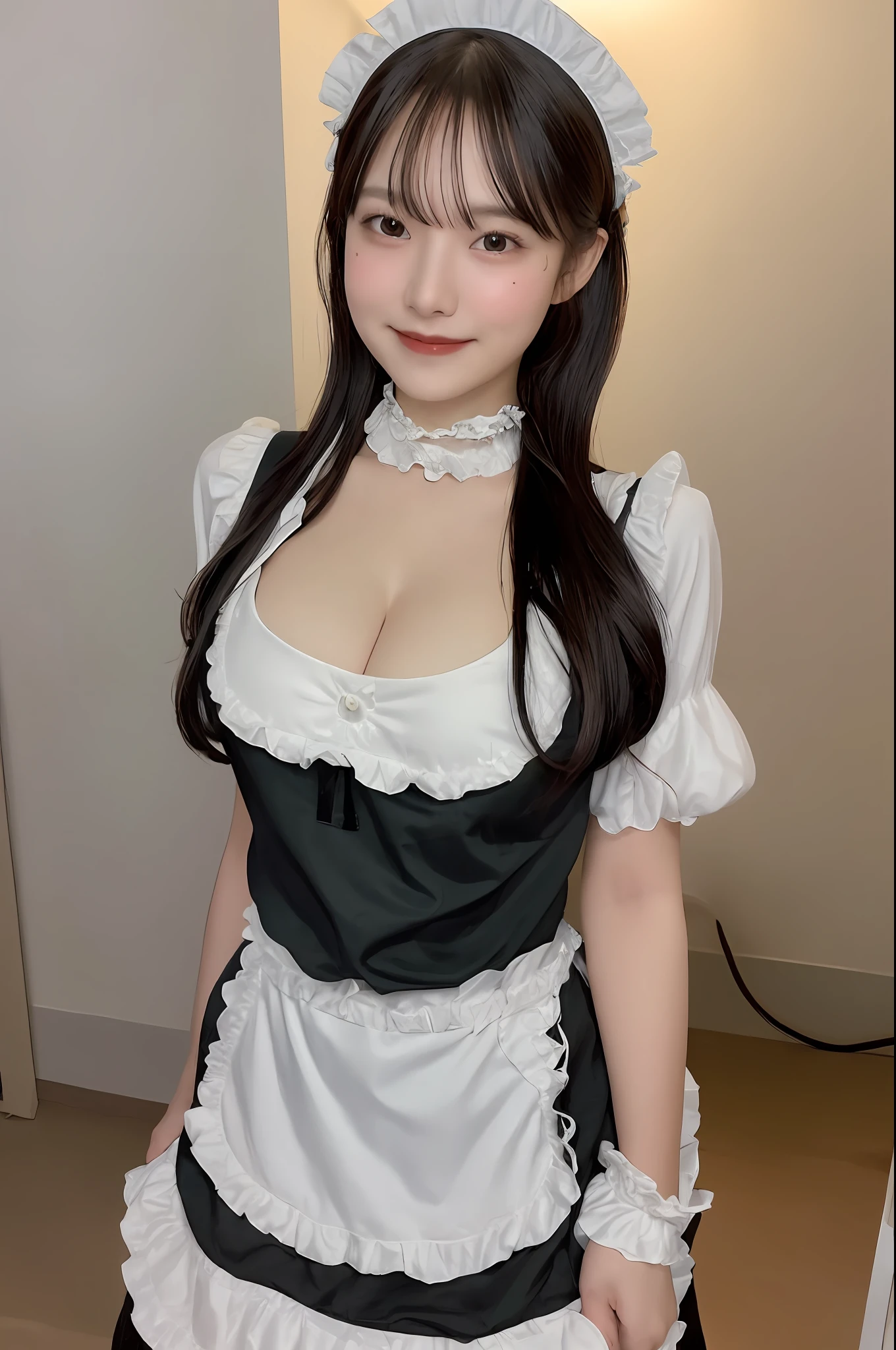 1girl,long hair,smile, ((maid costume)),(at city street) RAW photo, (photorealistic:1.37, realistic), highly detailed CG unified 8K wallpapers, looking at viewer, (((straight from front))), (HQ skin:1.8, shiny skin), 8k uhd, dslr, soft lighting, high quality, film grain, Fujifilm XT3, ((upper body:1.6)), (professional lighting:1.6)