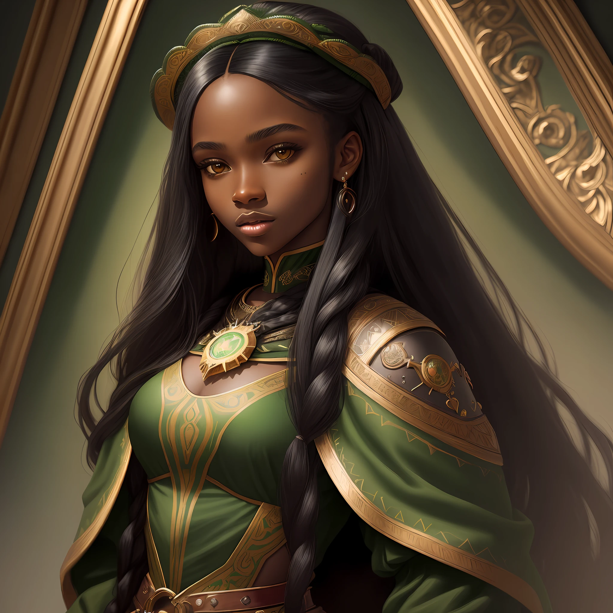 4D Renaissance centered portrait of a twenty year old black African girl with long straight long black hair, super detailed gorgeous face, this wearing gorgeous warrior green clothes, minimialist, high resolution, super detailed painting