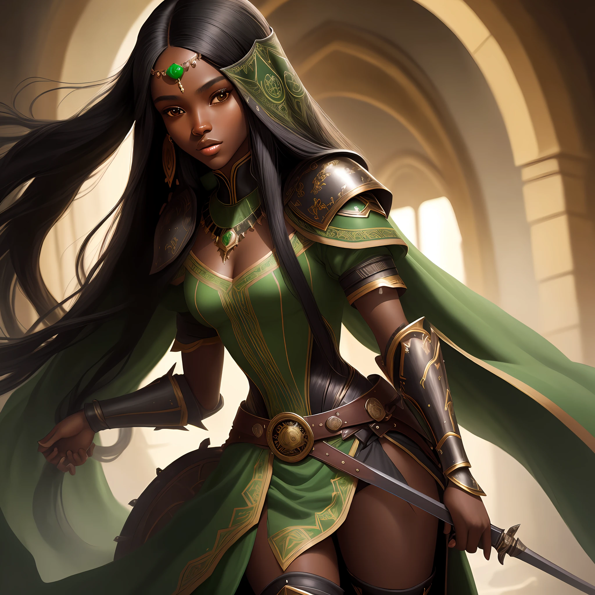 4D Renaissance centered portrait of a twenty year old black African girl with long straight long black hair, super detailed gorgeous face, this wearing gorgeous warrior green clothes, minimialist, high resolution, super detailed painting