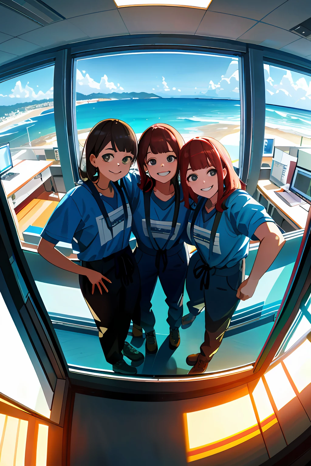 A work crew taking a selfie in an office with the window overlooking the sea, faces with realistic details, panoramic photo, 4k