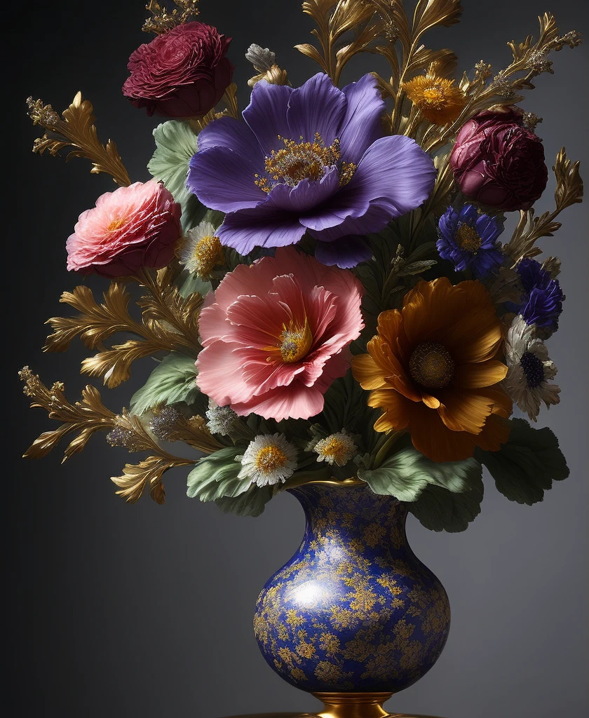 a multi elemental flowers in baroque vase, Elemental Flowers, dark background, highly detailed, sharp focus, professional, 4k, max detail, god rays, highres,high detail, sharp focus, smooth, aesthetic, extremely detailed, baroque, detailed facial features, hand model, petite, delicate, intricate details