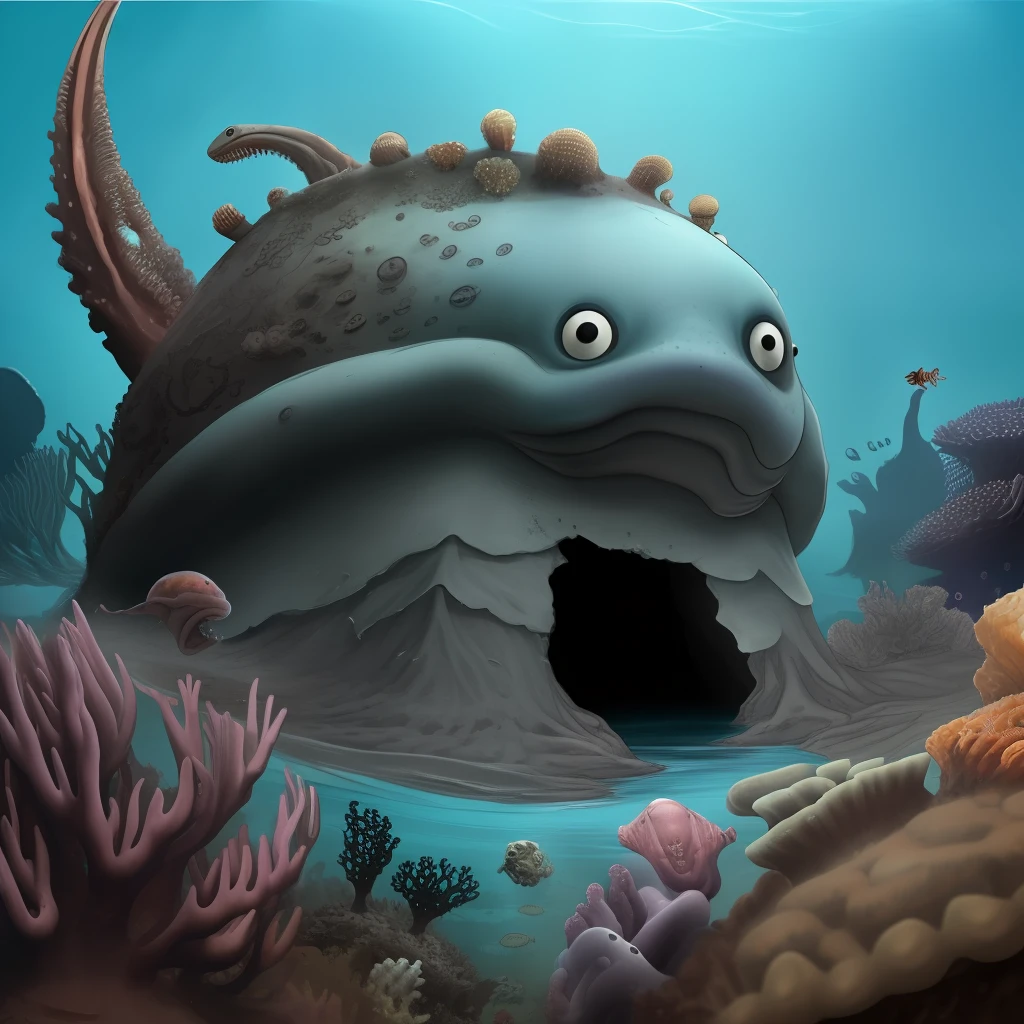 a deep sea creature lurks under a giant submerged ancient anthill