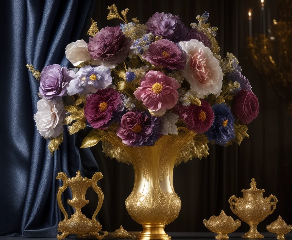 a multi elemental flowers in baroque vase on a table, Elemental Flowers, dark drapery in background, highly detailed, sharp focus, professional, 4k, max detail, god rays, highres,high detail, sharp focus, smooth, aesthetic, extremely detailed, baroque, detailed facial features, hand model, petite, delicate, intricate details