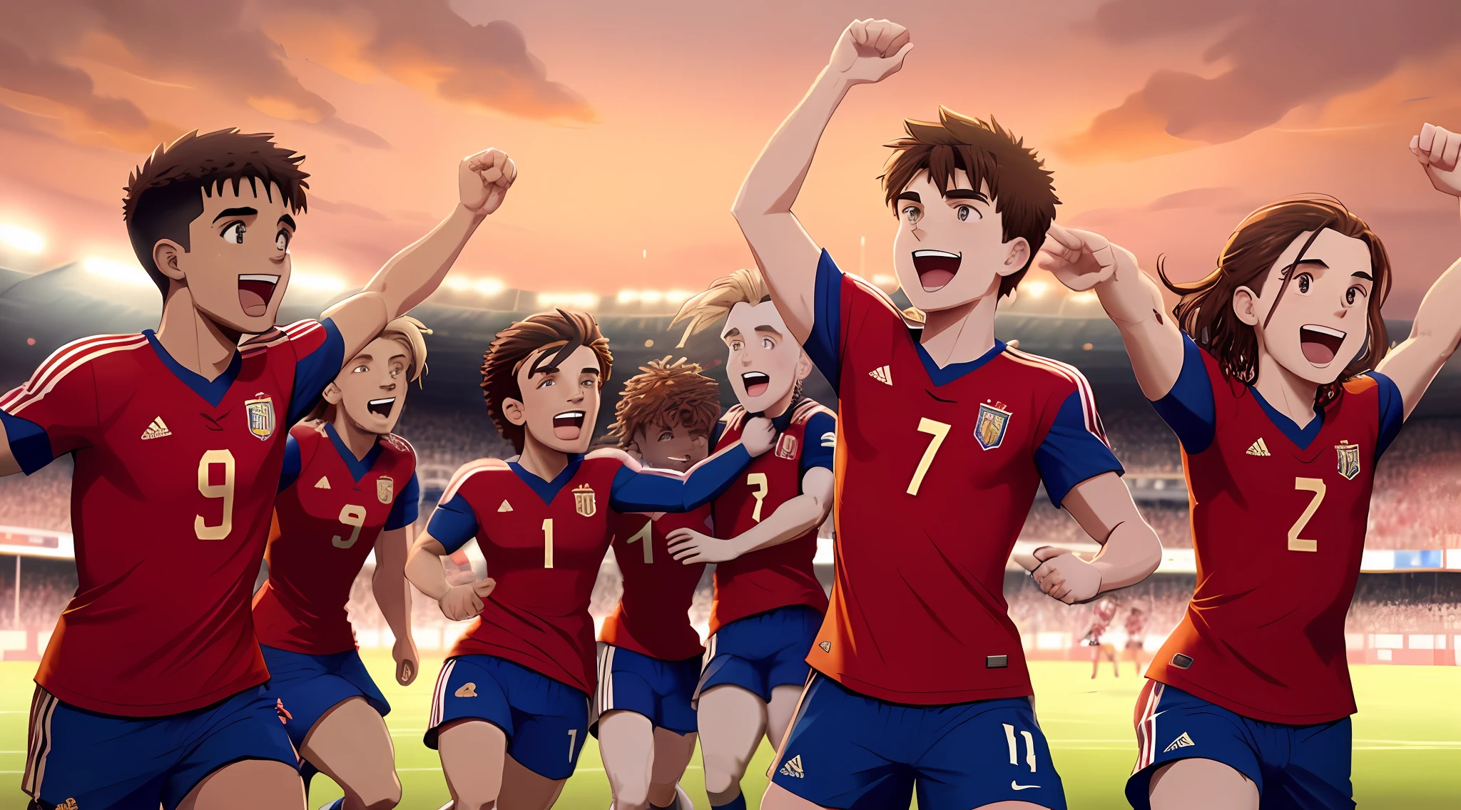 football team celebrating a victory on a football field, red shirt, blue shorts, gold medals, cartoon style, best quality, highly detailed, expressive, no bad faces, no bad arms