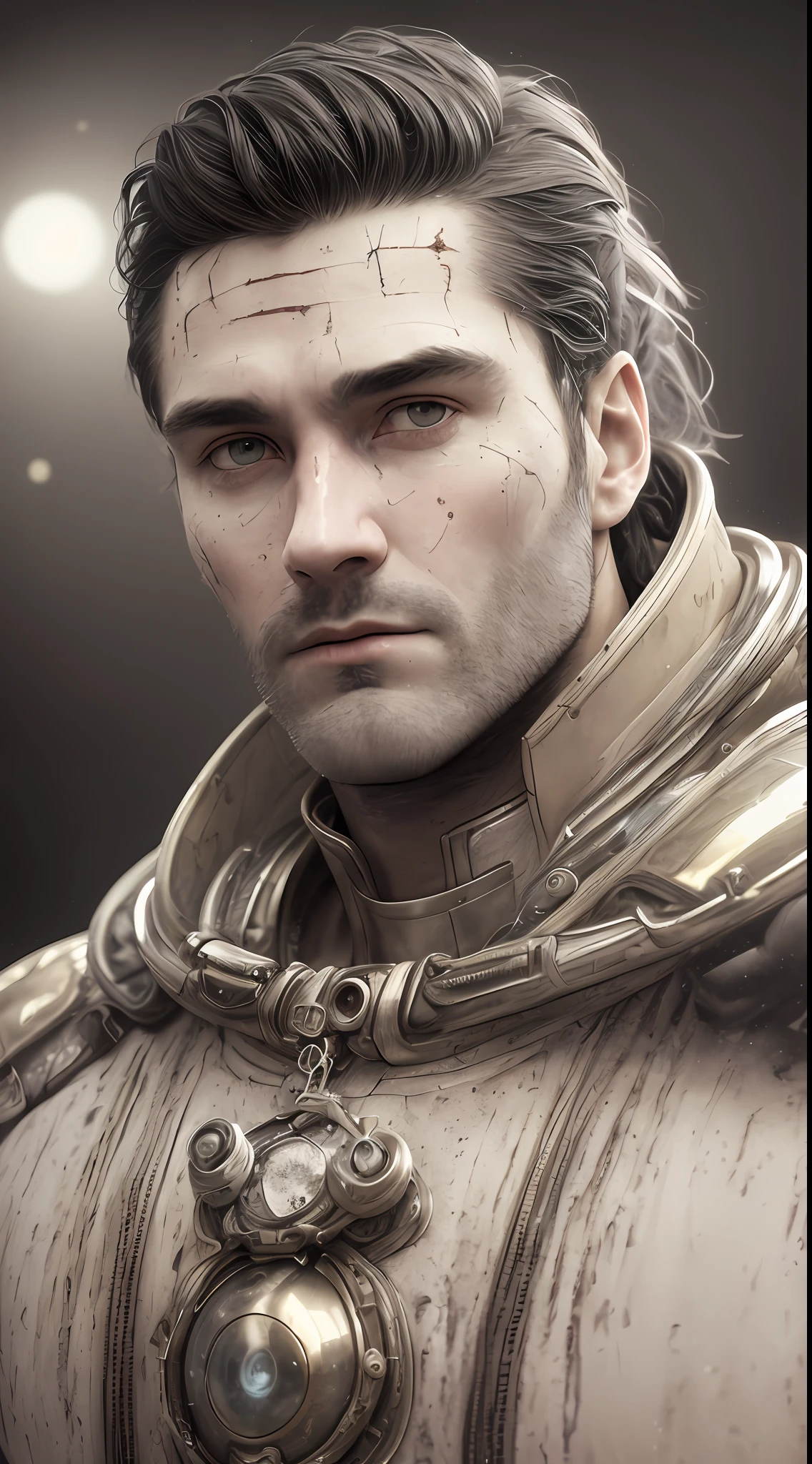 Nordic man, black hair, detailed face, scar on face, upper body, 3/4 flat, (closeup:0.9), (skin pores:1.1), 4k, hyperrealism, realistic, hyper-realistic, high resolution, in the artistic style of Filip Hodas, 35mm lens, cinematic, soft lighting, realistic epic, faded, ((neutral colors)), (hdr:1.5), soft colors, pastel, warm lights, dramatic light, complex background, (by Irakli Nadar),  rutkowski, complex details, hyper-detailed, magnificent, elegant, cinematography, thoughtful face, Victorian spacesuit, cosmonaut, weightless flowing hair, steampunk space satellite in the background, two moons in the background,