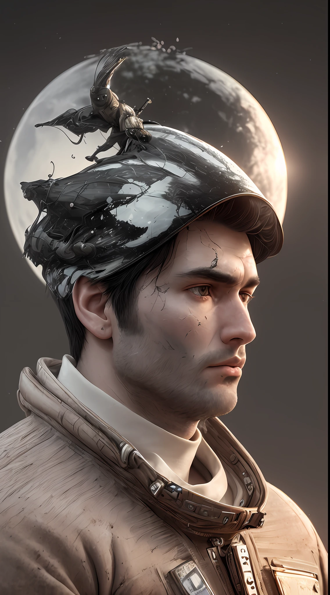 Nordic man, black hair, detailed face, scar on face, upper body, 3/4 flat, (closeup:0.9), (skin pores:1.1), 4k, hyperrealism, realistic, hyper-realistic, high resolution, in the artistic style of Filip Hodas, 35mm lens, cinematic, soft lighting, realistic epic, faded, ((neutral colors)), (hdr:1.5), soft colors, pastel, warm lights, dramatic light, complex background, (by Irakli Nadar), rutkowski, complex details, hyper-detailed, magnificent, elegant, cinematography, thoughtful face, Victorian spacesuit, cosmonaut, weightless flowing hair, steampunk space satellite in the background, two moons in the background,