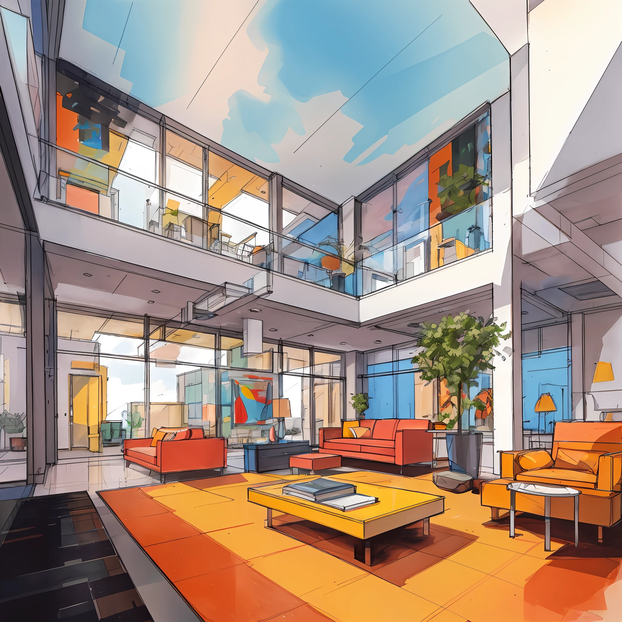 Postmodern interior design, large and wide lounge area, double height ceiling, an artistic feature as focal point of the space, large windows which can see the exterior landscape as background, style inspired by Edward Hopper drawings, natural lighting, bright environment, showcasing the overall spatial layout, hand sketch drawing, creative, vibrant colors, good space planning