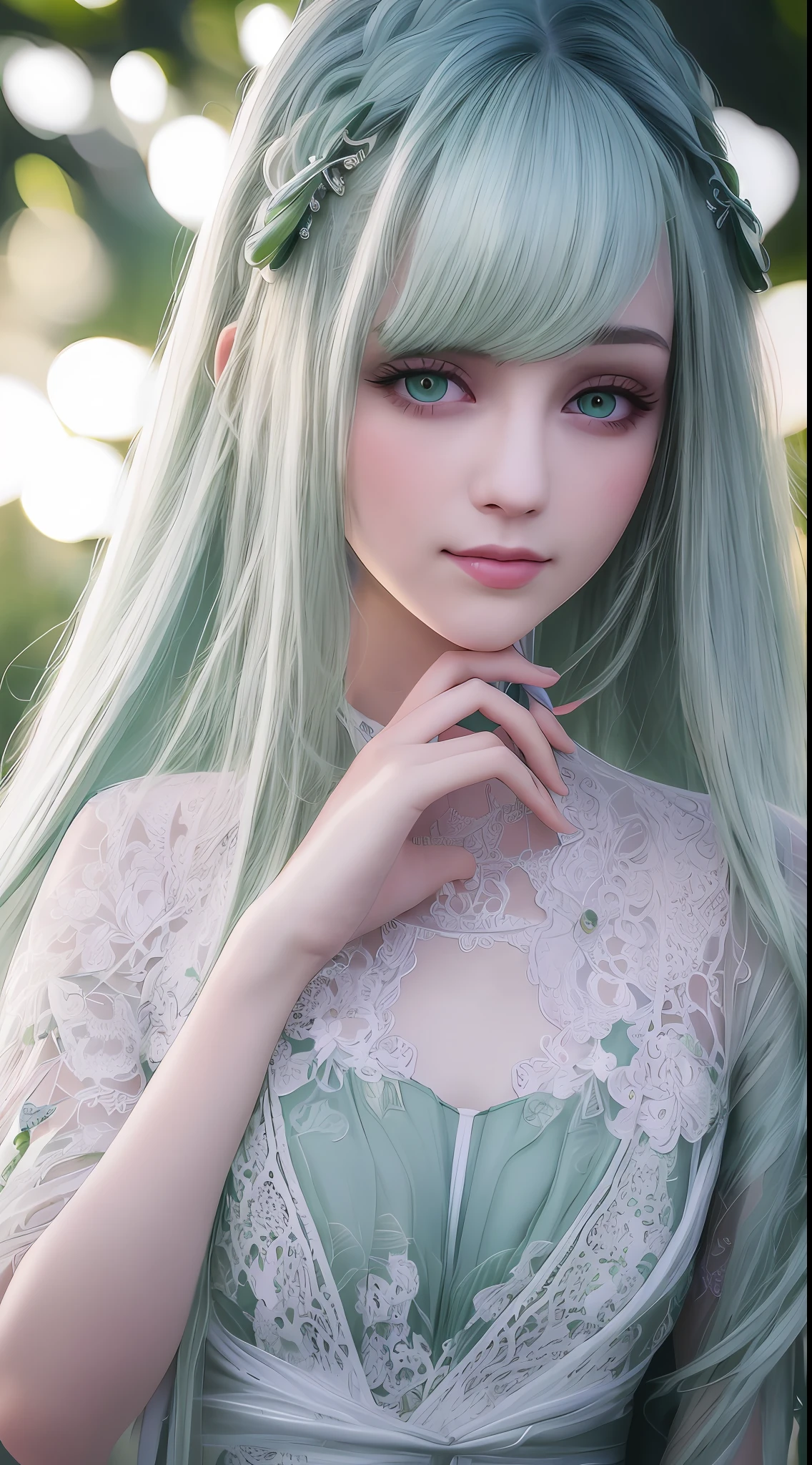 best quality, masterpiece, 1girl, Beautiful face, (green eyes), (white hair), (photo realistic:1.3), rim lighting, (high detailed skin:1.2), 8k uhd, dslr, high quality, high resolution, 4k, 8k, Bokeh,  absurdres, best ratio four finger and one thumb, (realistic:1.3), ulzzang, cute kawaii 1girl,