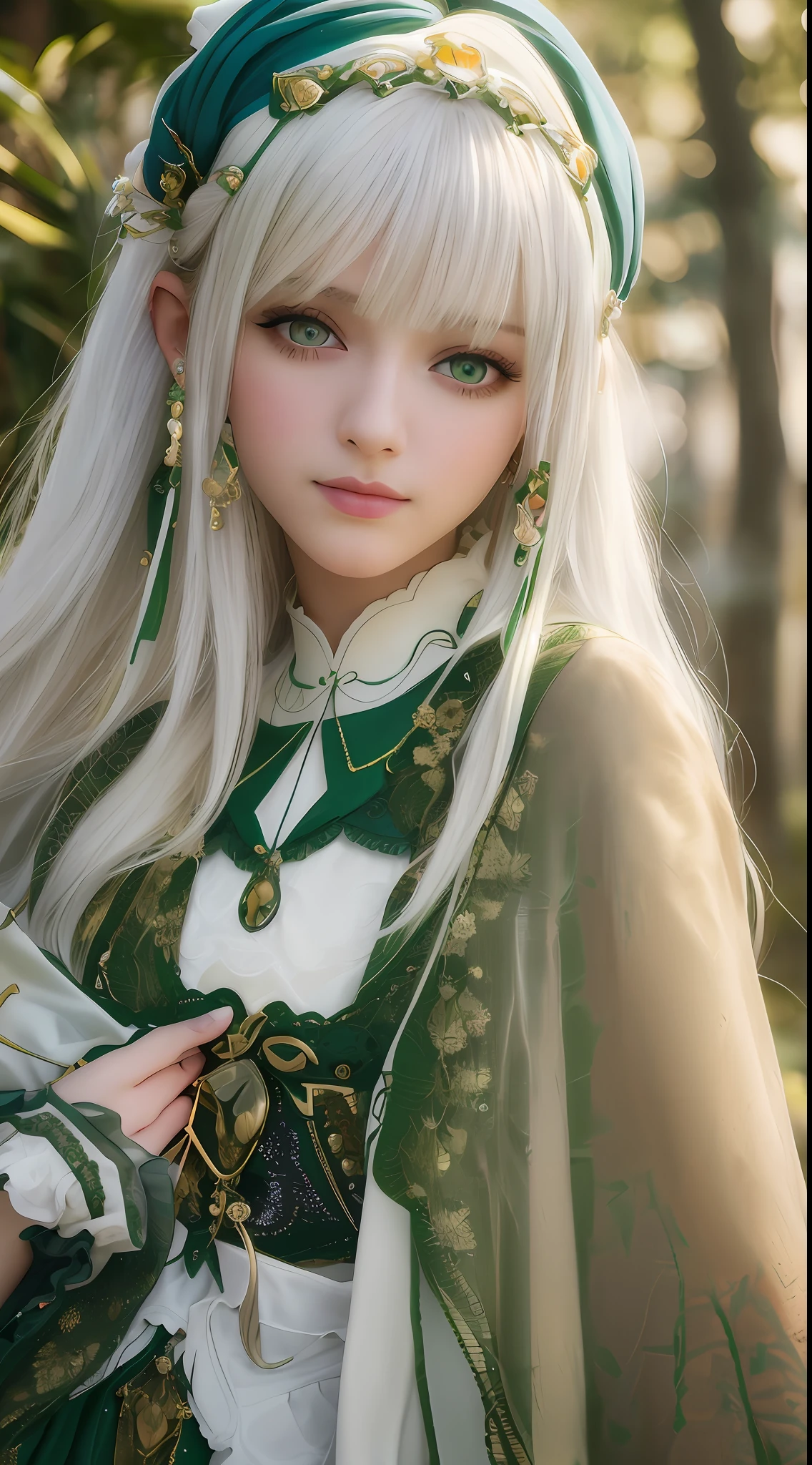 best quality, masterpiece, 1girl, Beautiful face, (green eyes), (white hair), (photo realistic:1.3), rim lighting, (high detailed skin:1.2), 8k uhd, dslr, high quality, high resolution, 4k, 8k, Bokeh,  absurdres, best ratio four finger and one thumb, (realistic:1.3), ulzzang, cute kawaii 1girl,