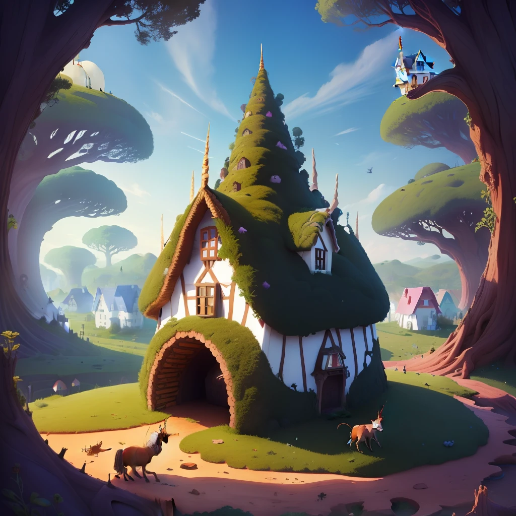 a unicorn house on an big anthill and much ants on it