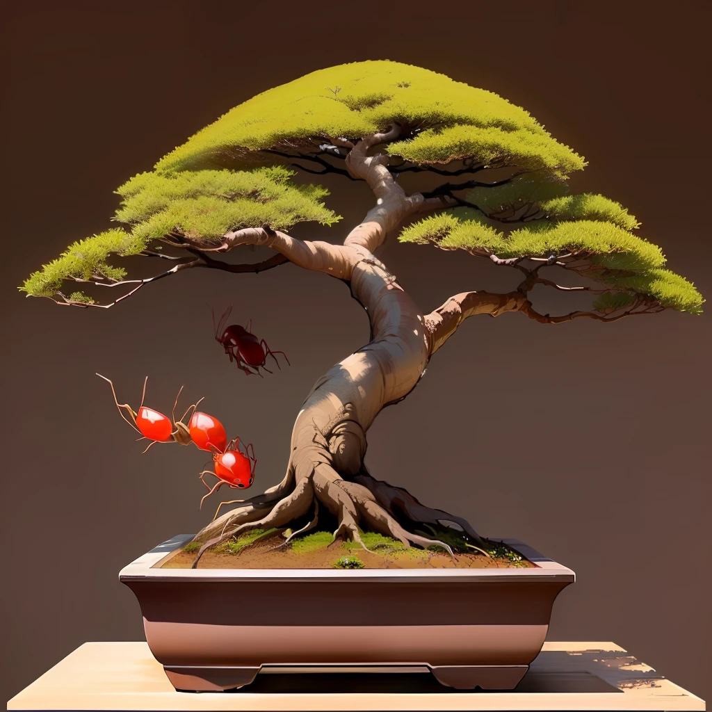 a bonsai tree with fire ants running around under it