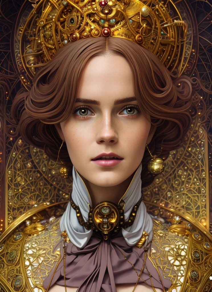 arafed woman with a golden headdress and a golden crown, hyperrealistic art nouveau, karol bak of emma watson nun, art nouveau! cyberpunk! style, art nouveau octane render, cyberpunk art nouveau, inspired victorian sci - fi, digital steampunk art, art nouveau cyberpunk! style, fantasy art behance, mucha klimt and tom bagshaw