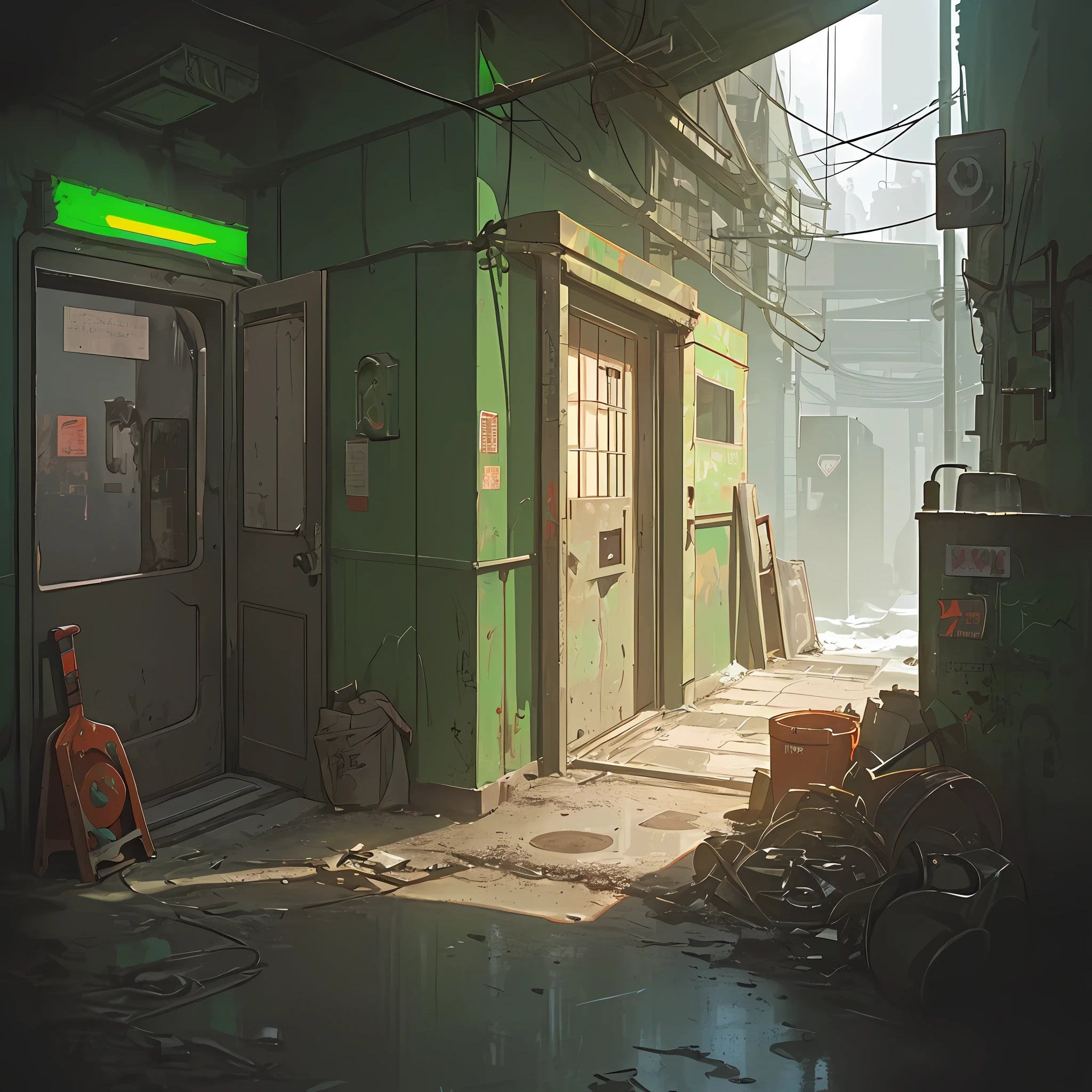 hyperrealistic and very detailed illustration of the entrance of a road tunnel, point of view from the outside, image very loaded with objects, point of view from below, dirty and cracked concrete stairs, green wastebasket, metal signs, seats, cables, pole, pastel blue telephone booth, rusty guardrails, white and pastel yellow walls, pallet, empty boxes, damaged wall paint, some garbage on the floor, metal and rusty scrap, damaged vehicle parts, very detailed advertisements on the neon wall, spotlight lights (very radiant), artificial and sterile environment, dark gray day, dense fog, very dark landscape shadows, red and green neon lights, snowy day, snow all over the landscape, humidity, puddles of water reflecting light