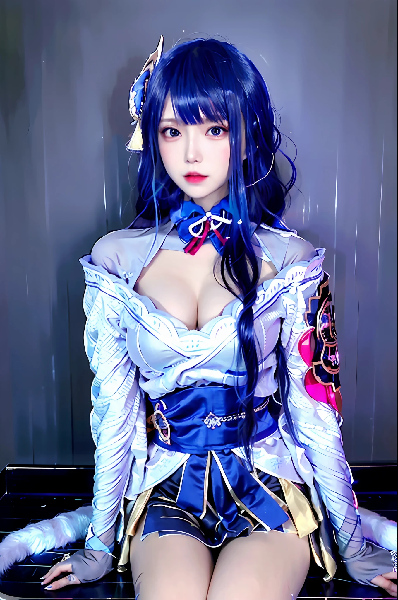 nenenini, (pureerosface_v1:0.66),best quality, ultra high res, (photorealistic:1.4), 1girl,nice detailed eyes, heavy eye makeup, slim waist, blush, Kpop idol,(aegyo sal:1.0), detailed eye makeup, puffy eyes, solo, perfect anatomy, (busty), (cleavage),(slender),(black hair:1), (looking at viewer),sitting, crossed legs, chair,(original_alice),(light blue tie),(marine blue eyes),(zhuo),(alice_halo:0.7),(blue halo),(smile),(happy),(pigtails),(long hair), (long bangs),(Blue Archive),(Black hair bands),(long coat),(school uniform),(white long-sleeved shirt),(pleated skirt),(navy blue skirt),(barefoot),nsfw,depth of field,detail face, shiny skin, nice detailed eyes, heavy eye makeup, slim waist, blush, detailed eye makeup, solo, perfect anatomy,