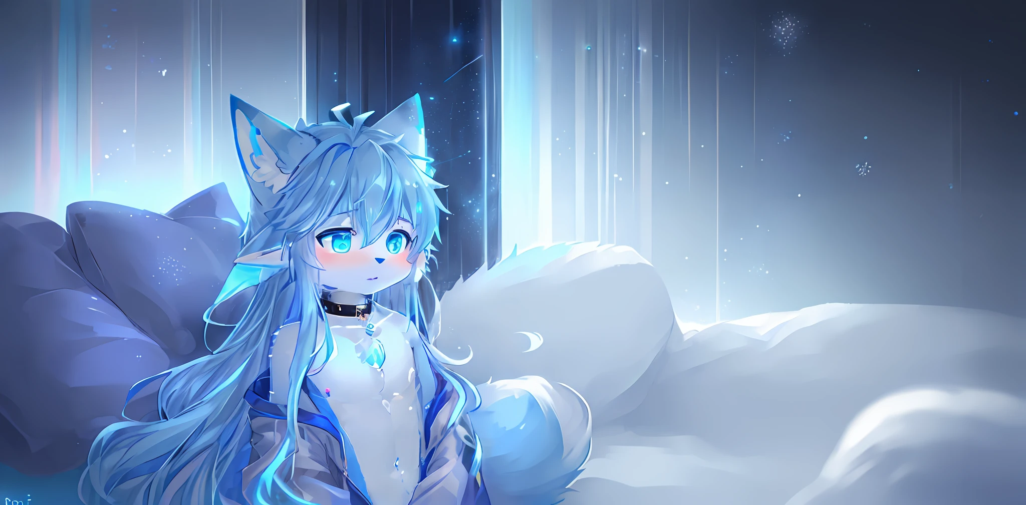 shota, long hair, space eye, glow eye, femboy, neon city, snowfall, midnight, fox ear, deep blue ear, fox tail, deep blue fox, deep blue jacket, cute, collar, Two tail, space katana, God of the space , fur body, full body, the lower body is naked, snow fox, character, master piece, fluffy tail, current, shy, NFSW, Highest Quality, 8k, full HD, four ear fox, winter, own character, nude, soul fox blue, nsfw, light blue hair, blurring, 10 years, 淫紋