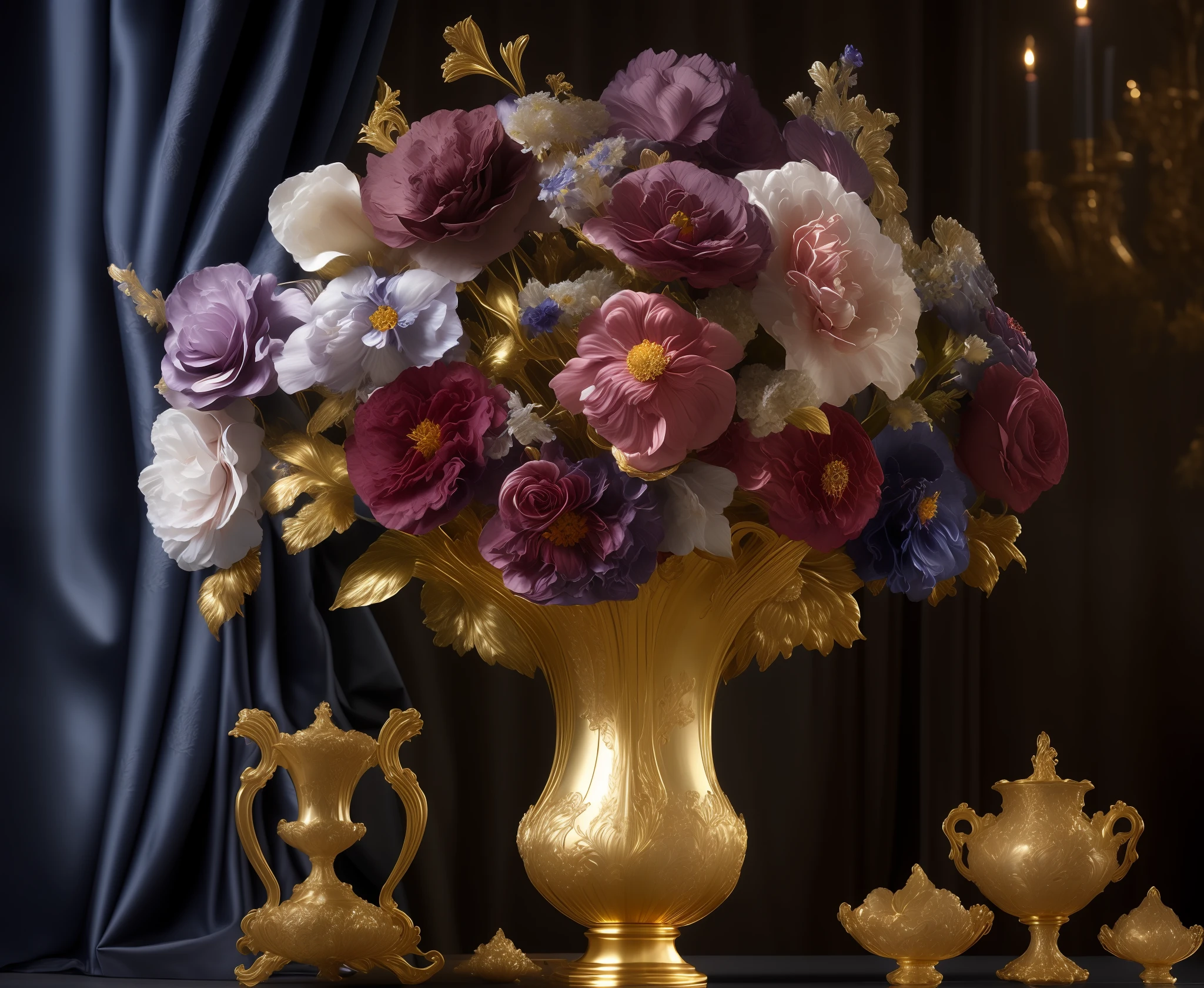 a multi elemental flowers in baroque vase on a table, Elemental Flowers, dark drapery in background, highly detailed, sharp focus, professional, 4k, max detail, god rays, highres,high detail, sharp focus, smooth, aesthetic, extremely detailed, baroque, detailed facial features, hand model, petite, delicate, intricate details