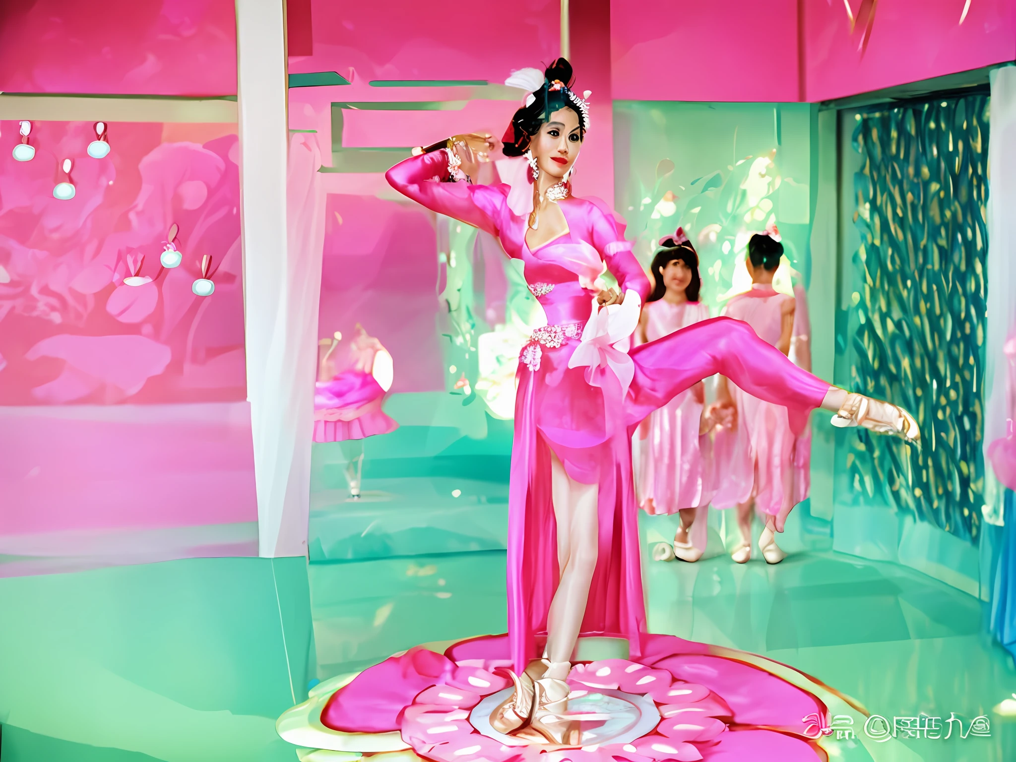 araffe woman in a pink dress is standing on a white flower, 8 0 s asian neon movie still, she is dressed as a belly dancer, aesthetic!!!!!! female genie, chinese ribbon dance, 1 9 7 0 s japanese tv show, as though she is dancing, star trek asian woman, samuel l. jackson as a ballerina