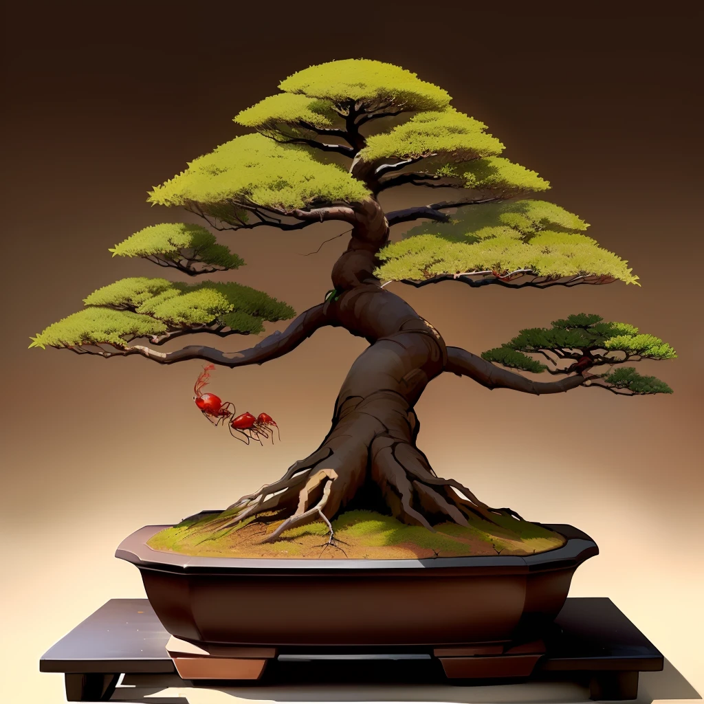 a bonsai tree with fire ants running around under it