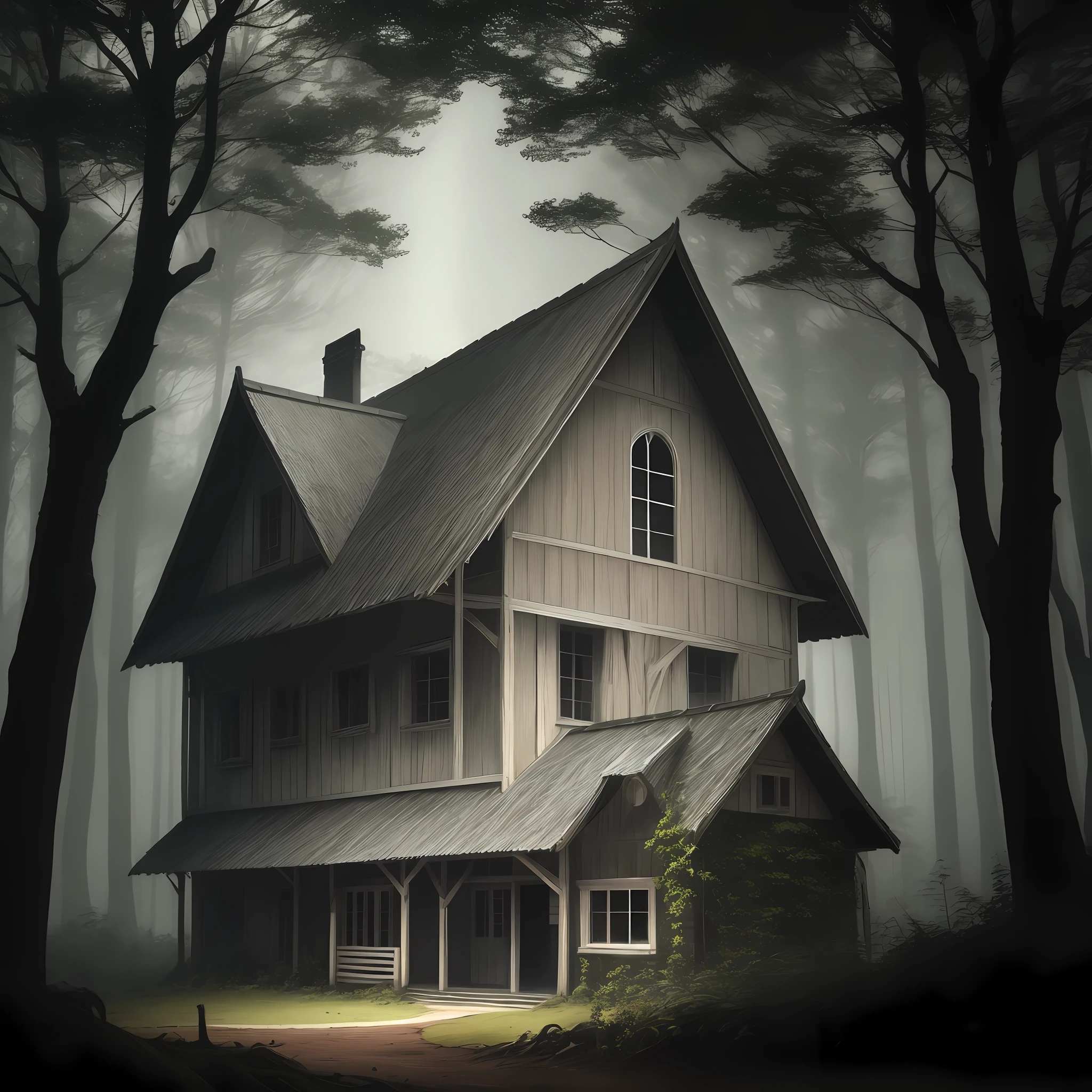 Pale old forest man with a house on a dark background