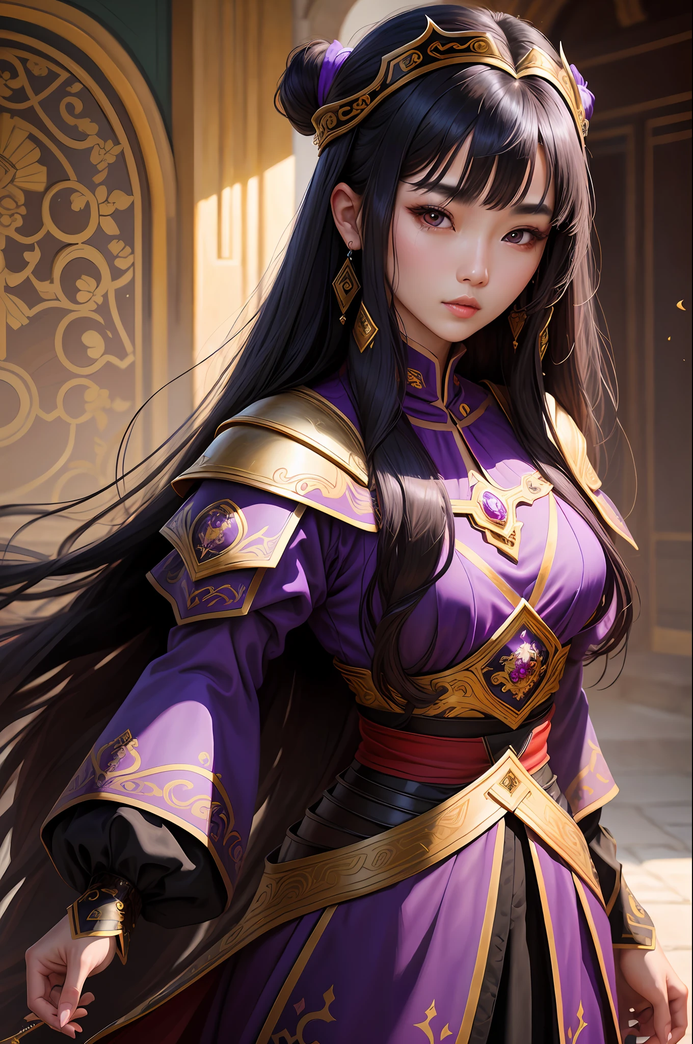4D Renaissance centered portrait of a twenty-year-old Asian South Korean girl with long black straight hair, super detailed gorgeous face, this wearing gorgeous purple warrior outfits, minimialist, high resolution, super detailed painting