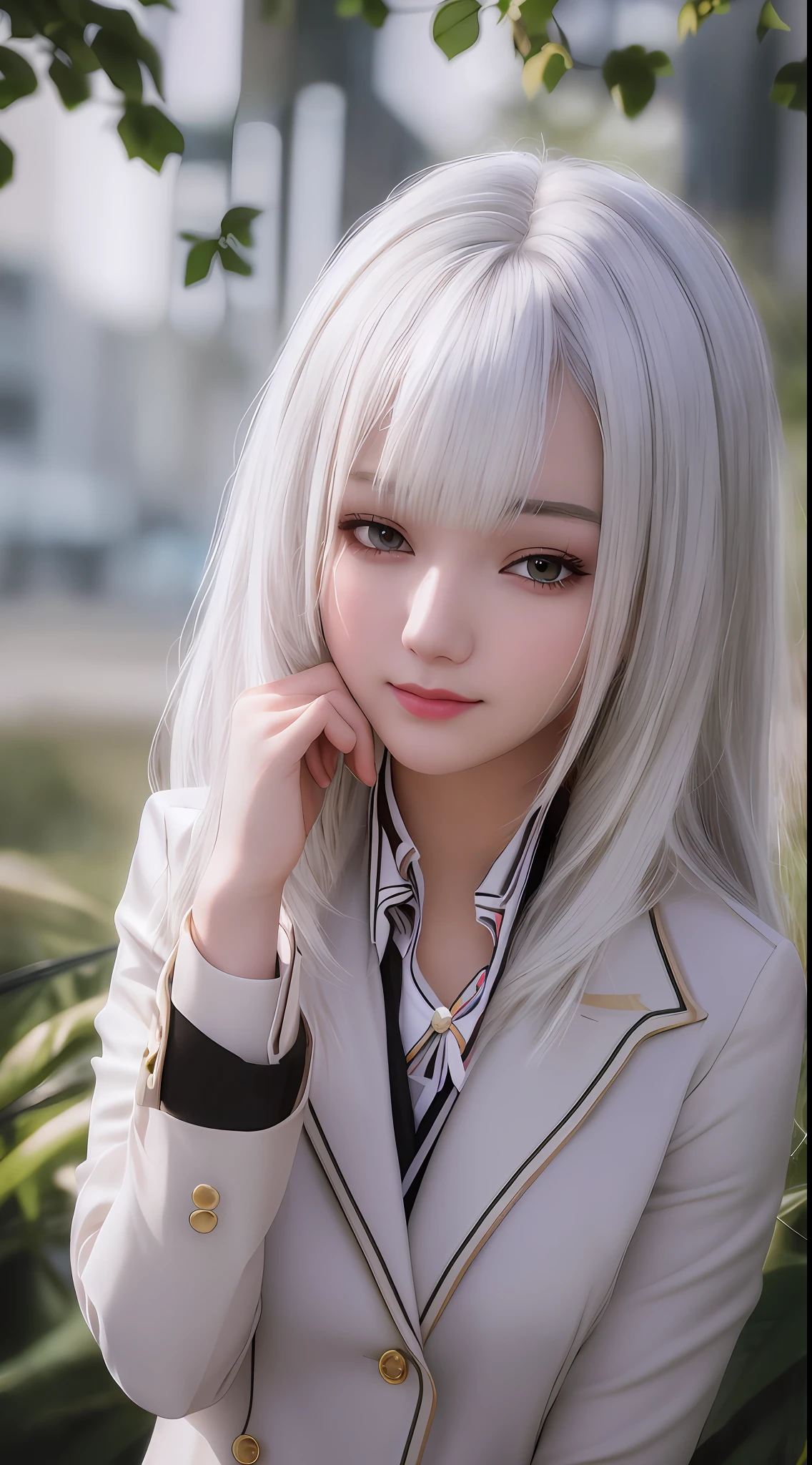 best quality, masterpiece, 1girl, Beautiful face, (white hair), (photo realistic:1.3), rim lighting, (high detailed skin:1.2), 8k uhd, dslr, high quality, high resolution, 4k, 8k, Bokeh,  absurdres, best ratio four finger and one thumb, (realistic:1.3), ulzzang, cute kawaii 1girl, wearing blazer,