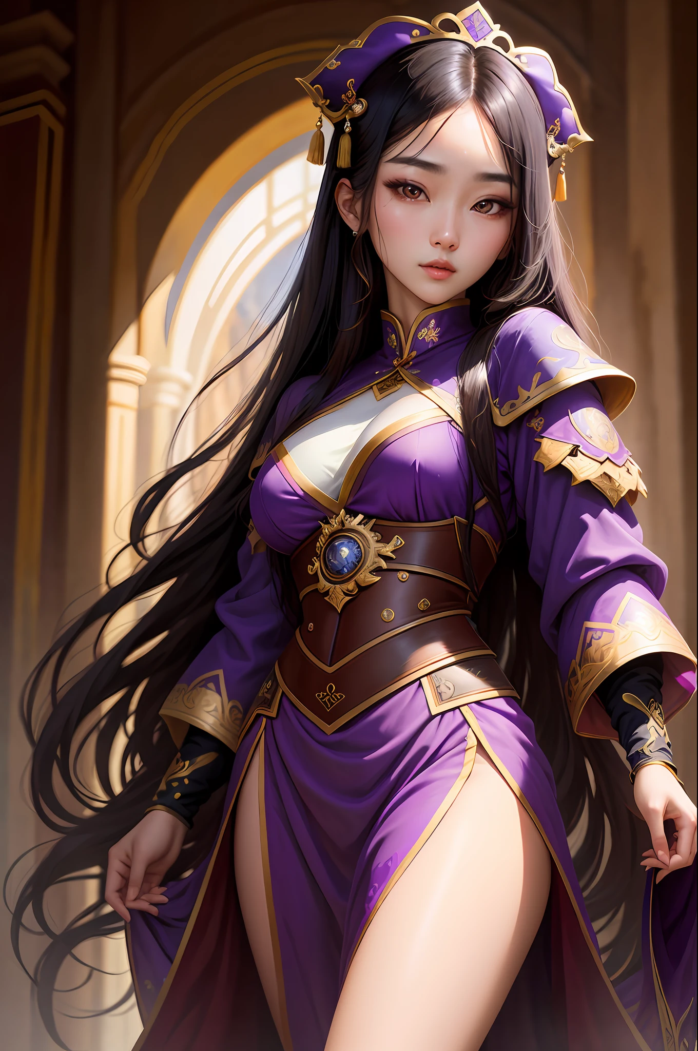 4D Renaissance centered portrait of a twenty-year-old Asian South Korean girl with long black straight hair, super detailed gorgeous face, this wearing gorgeous purple warrior outfits, minimialist, high resolution, super detailed painting