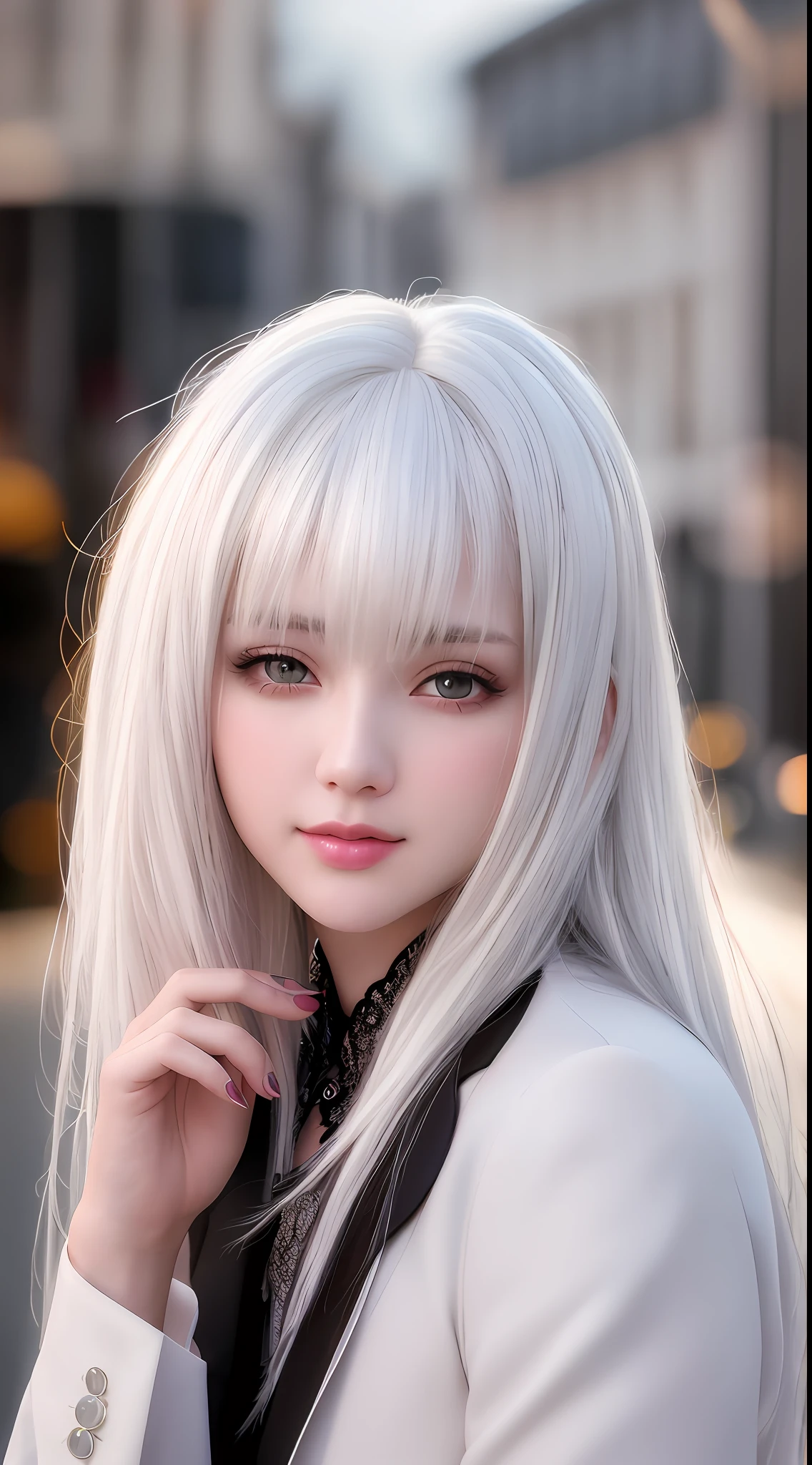 best quality, masterpiece, 1girl, Beautiful face, (white hair), (photo realistic:1.3), rim lighting, (high detailed skin:1.2), 8k uhd, dslr, high quality, high resolution, 4k, 8k, Bokeh, absurdres, best ratio four finger and one thumb, (realistic:1.3), ulzzang, cute kawaii 1girl, wearing blazer,