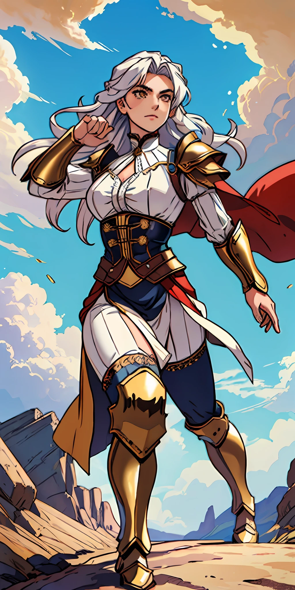 female warrior, long white hair, golden eyes, dynamic pose, wearing Victorian-era armor, ((background: a sky full of clouds))