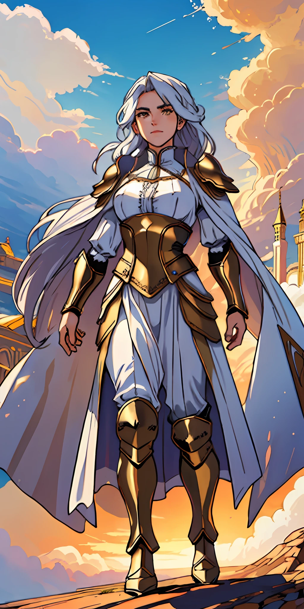 female warrior, long white hair, golden eyes, dynamic pose, wearing Victorian-era armor, ((background: a sky full of clouds))