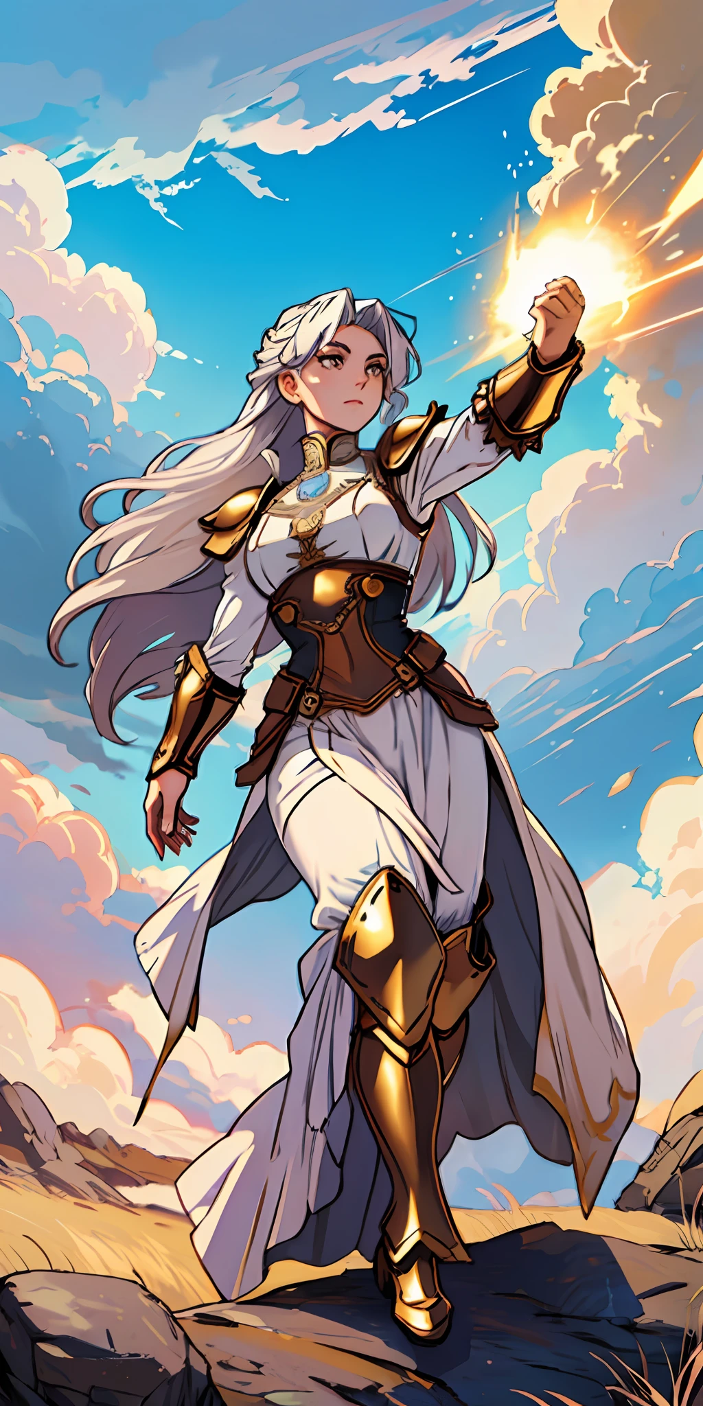 female warrior, long white hair, golden eyes, dynamic pose, wearing Victorian-era armor, ((background: a sky full of clouds))