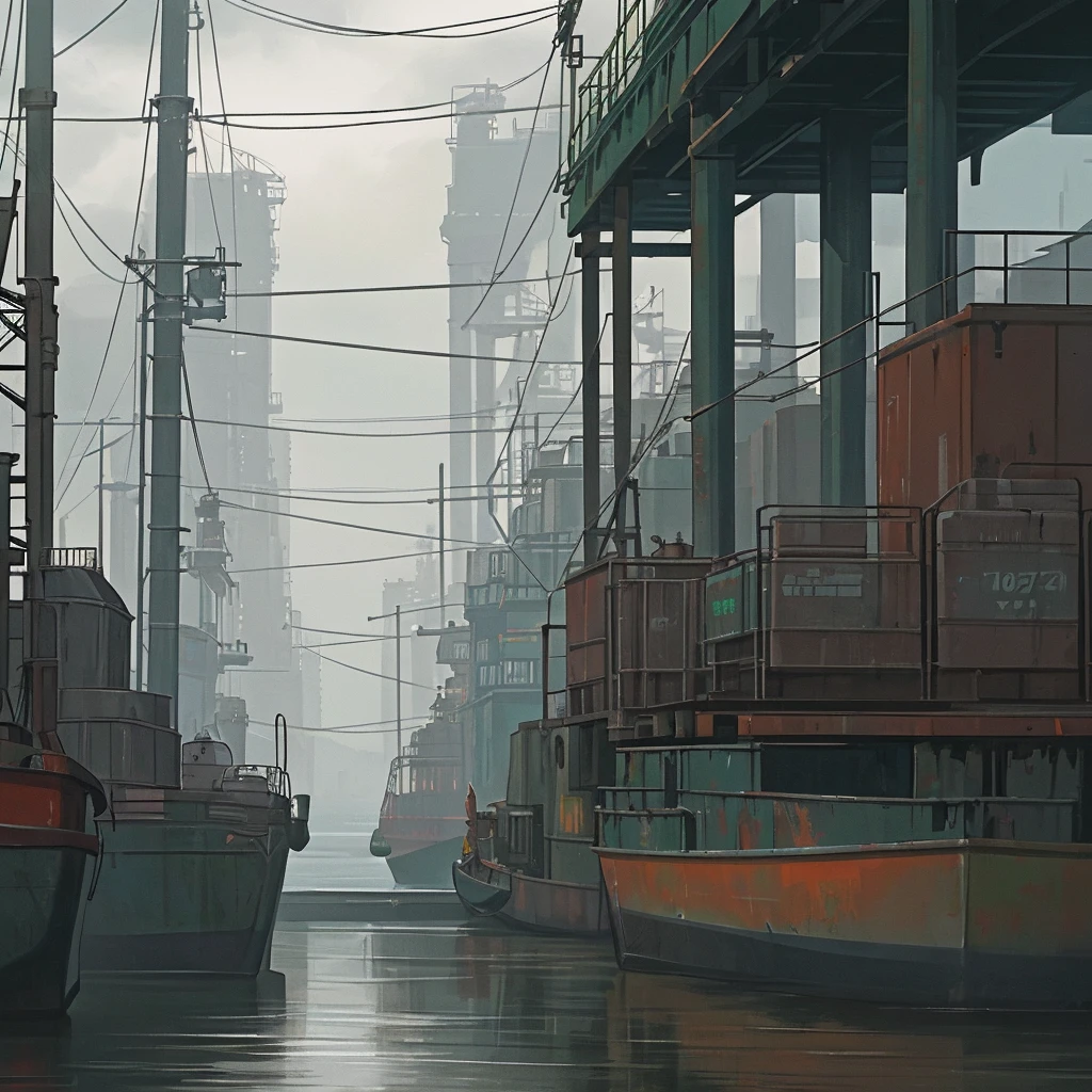 Hyperrealistic and very detailed illustration of an industrial dock, gray and dark cement, distant point of view, several very detailed small boats moored to the dock (color: green and blue off), pole, metal darsena, industrial warehouse, rusty yellow cranes, dark chains, cables, red, orange and green rusty containers, gray city background, yellow light street lamps, boxes, dark cages, earth and dirt, some garbage, sea water reflects the surroundings and light, cloudy day, light smoke all over the picture, some fog, dark night, very detailed city background