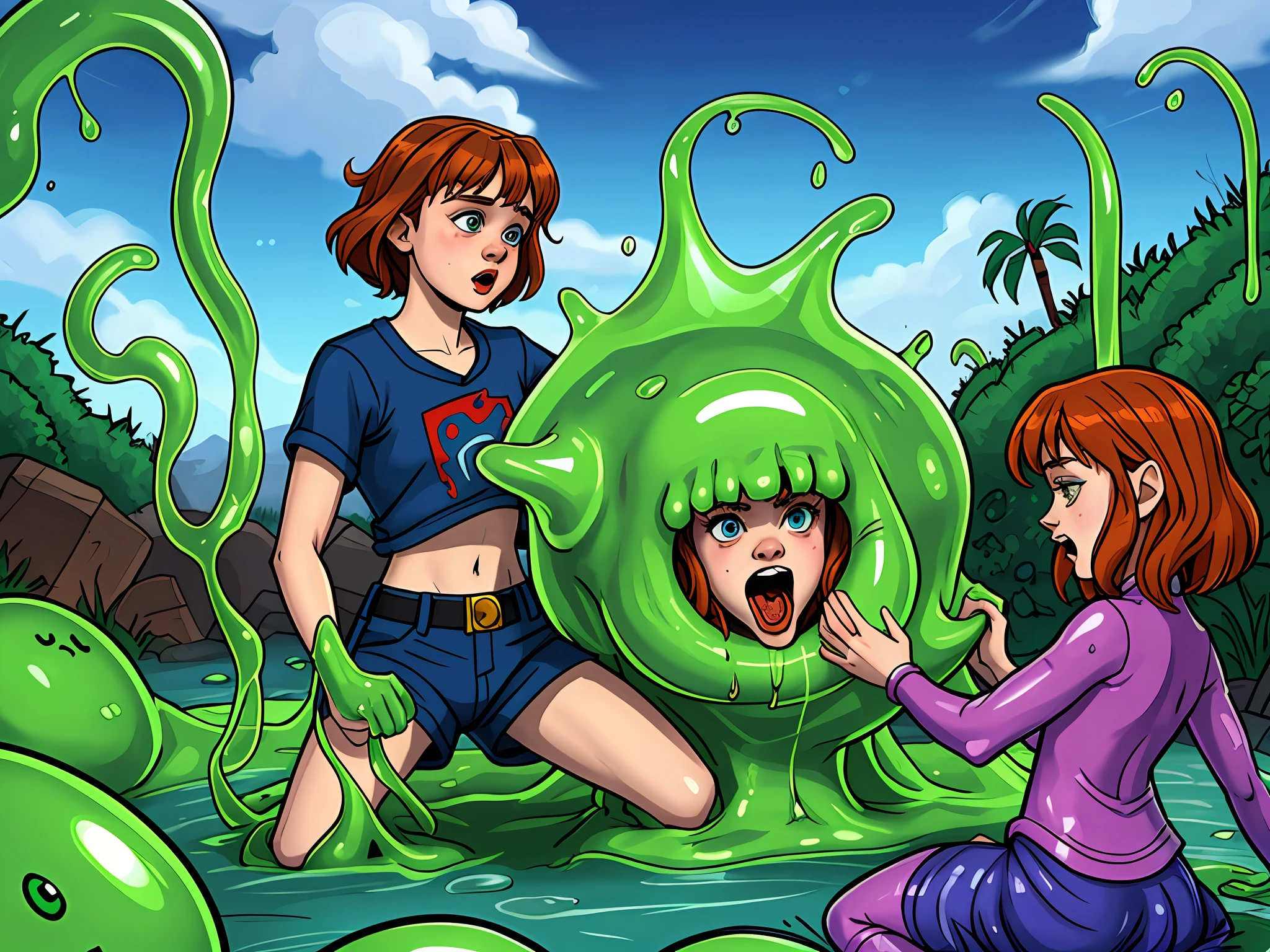 Sadie Sink and Natalia Dyer battling a slime monster, cthulhu mythos, colorful,wierdcore