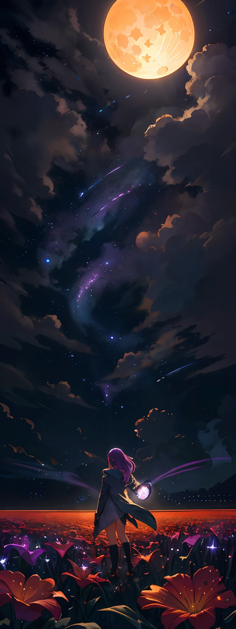 expansive landscape photograph , (a view from below that shows sky above and open field below), a girl standing on flower field looking up, (full moon:1.2), ( shooting stars:0.9), (nebula:1.3), distant mountain, tree BREAK
production art, (warm light source:1.2), (Firefly:1.2), lamp, lot of purple and orange, intricate details, volumetric lighting, realism BREAK
(masterpiece:1.2), (best quality), 4k, ultra-detailed, (dynamic composition:1.4), highly detailed, colorful details,( iridescent colors:1.2), (glowing lighting, atmospheric lighting), dreamy, magical, (solo:1.2)