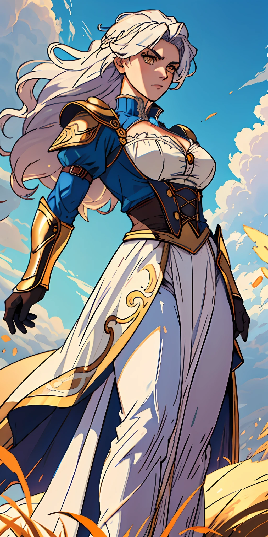 female warrior, long white hair, golden eyes, dynamic pose, wearing Victorian-era armor, ((background: a sky full of clouds))