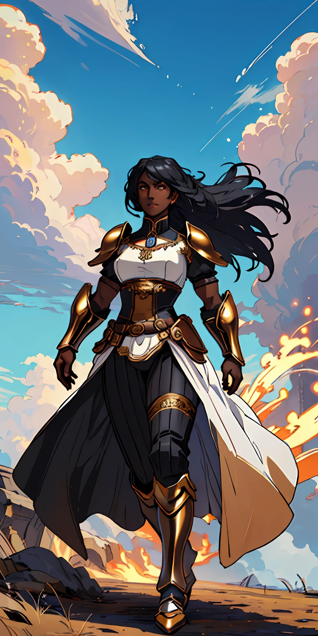 (((black skinned female warrior))), long white hair, golden eyes, dynamic pose, wearing Victorian era armor, ((background: a sky full of clouds))